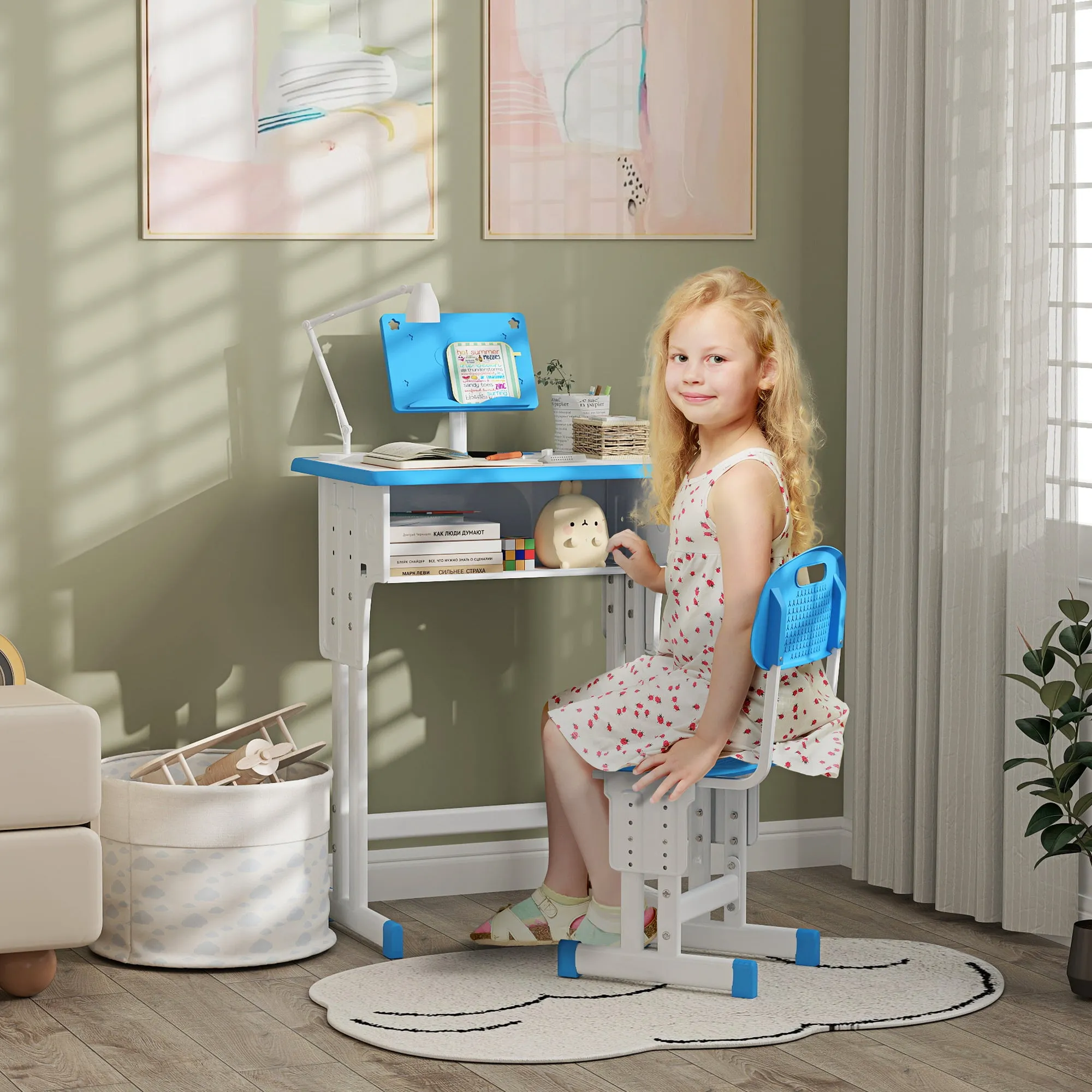 School Desk for Children 6-12 Years with Adjustable Height with Lectern and Shelf, in Steel and MDF, Blue - Image 2