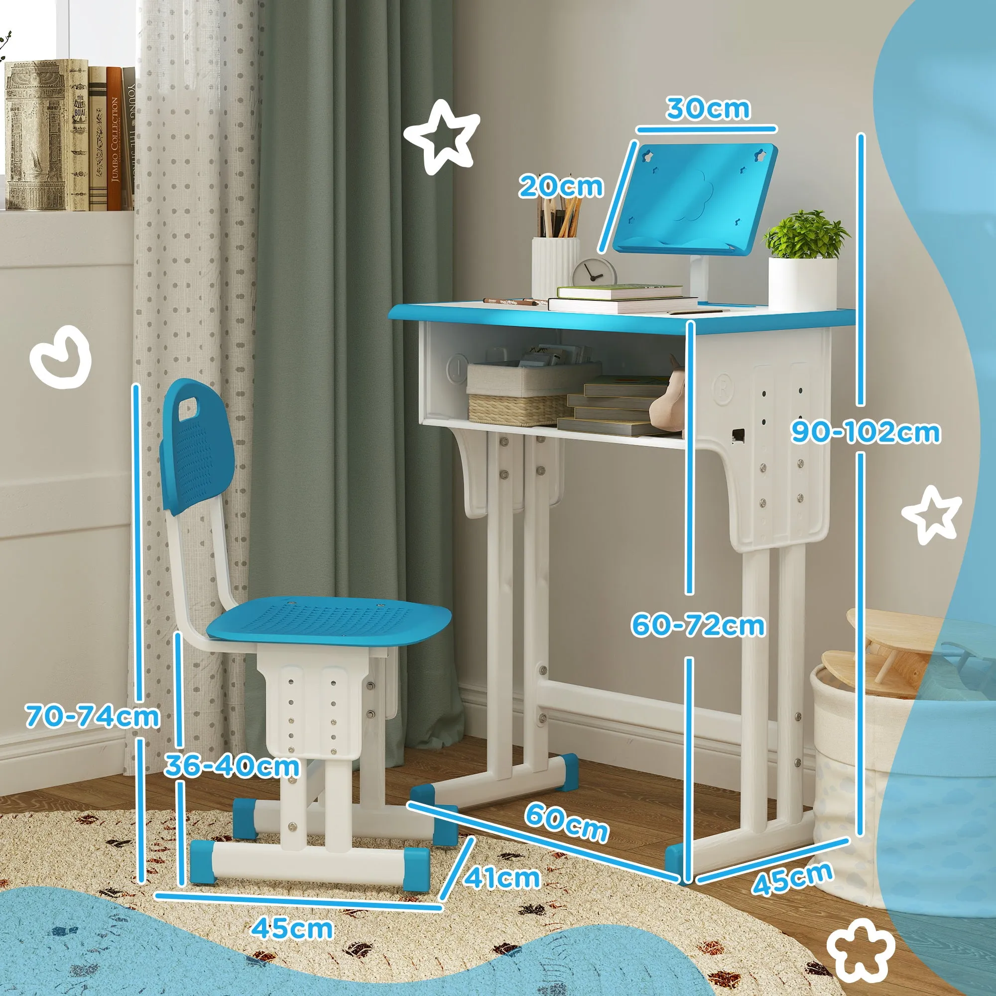 School Desk for Children 6-12 Years with Adjustable Height with Lectern and Shelf, in Steel and MDF, Blue - Image 3