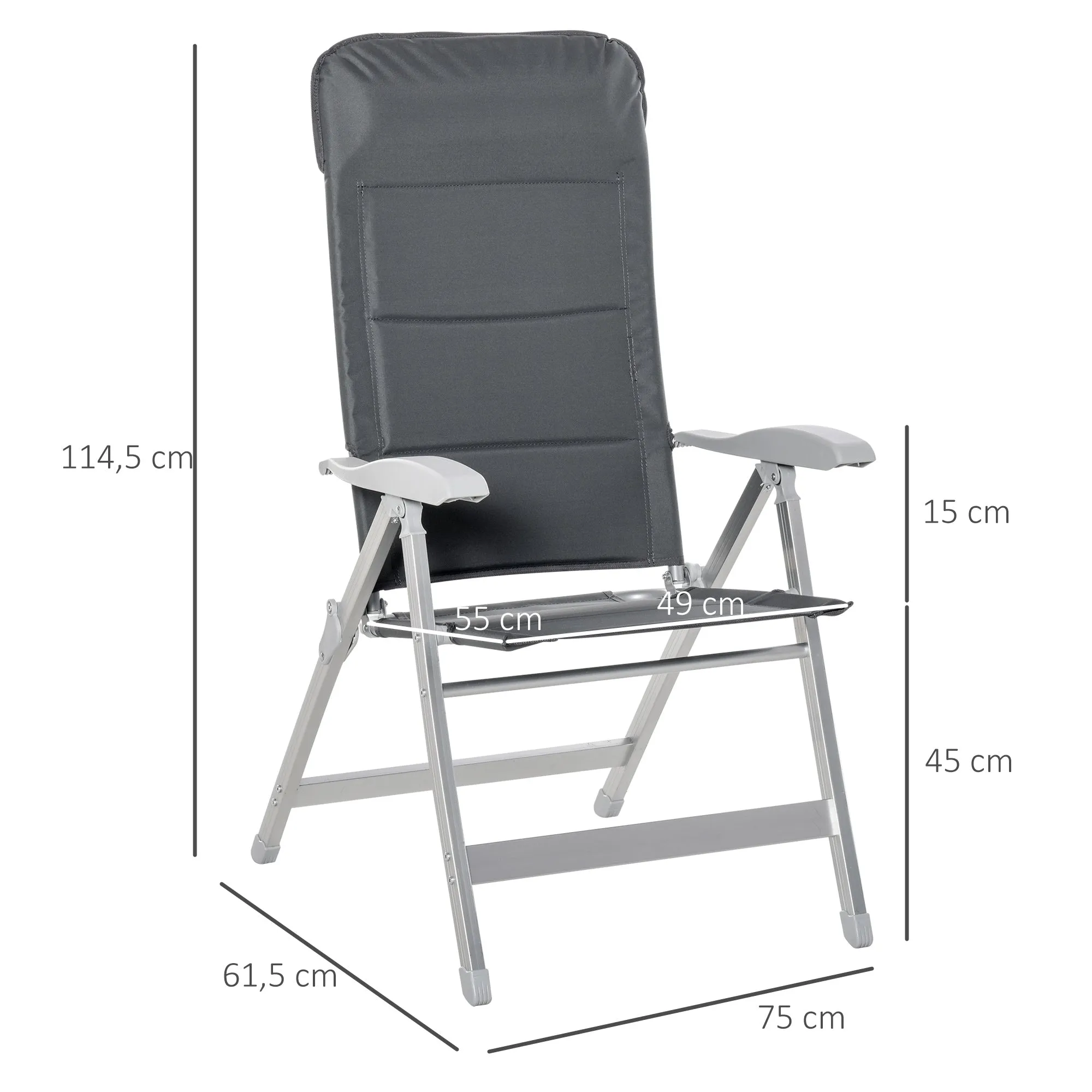Folding Fishing Chair with Armrests and Adjustable Backrest, in Aluminum and Polyester, 75x61.5x76-115 cm, Gray - Image 3
