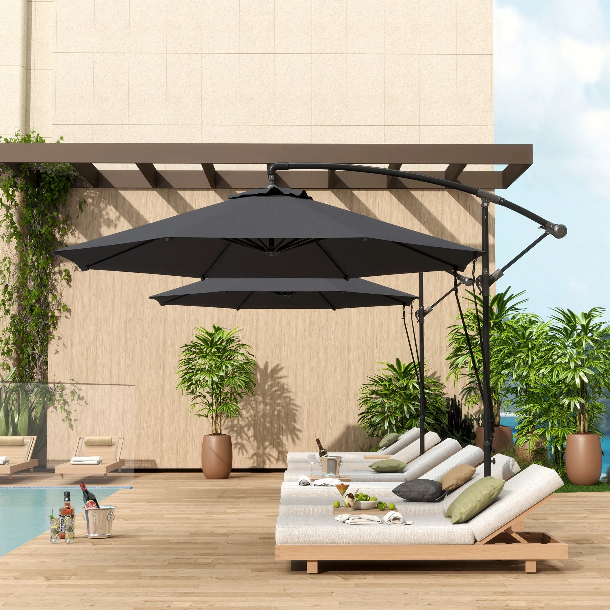 Round Tiltable and Swivel Garden Umbrella, Crank and UPF 50+ Protection, Ø3 m, Dark Gray - Image 2