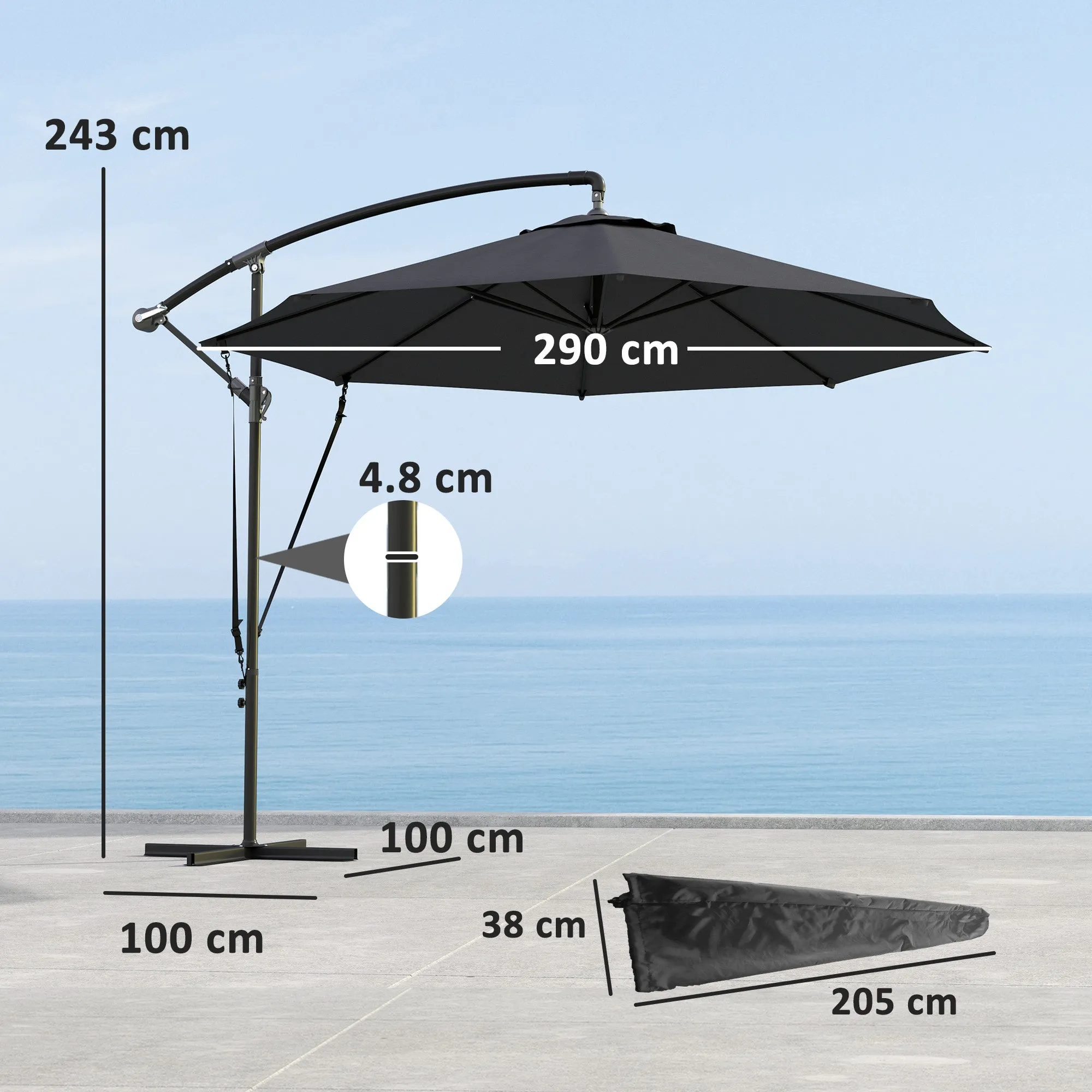 Round Tiltable and Swivel Garden Umbrella, Crank and UPF 50+ Protection, Ø3 m, Dark Gray - Image 3