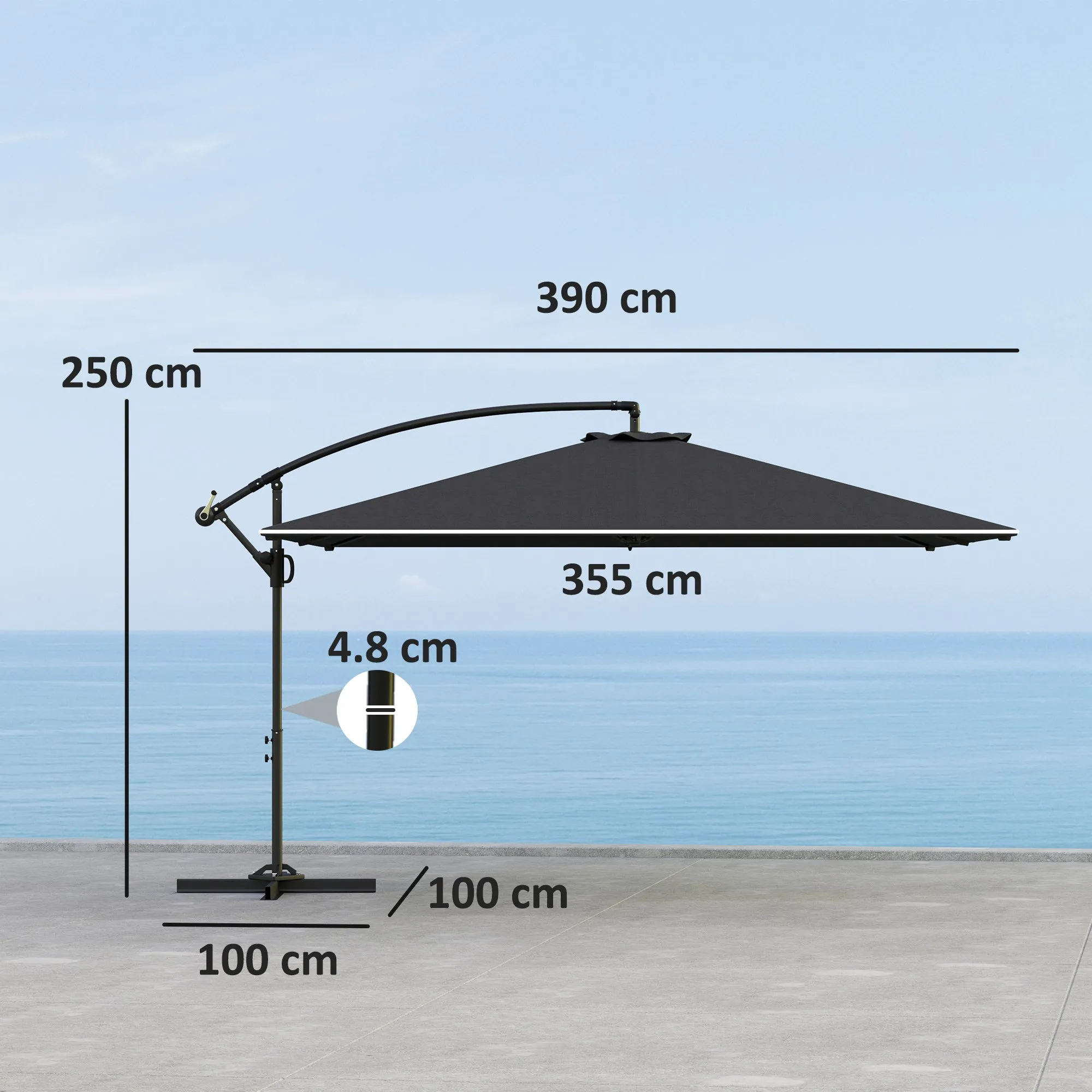 Garden Umbrella with Arm 3.6x3.9 m 360° Swivel and Tilting, Crank Opening, Gray - Image 3