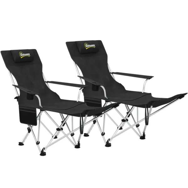 Set of 2 Folding Camping Chairs with Detachable Footrest and Cup Holder, 82x50/100x88 cm, Black