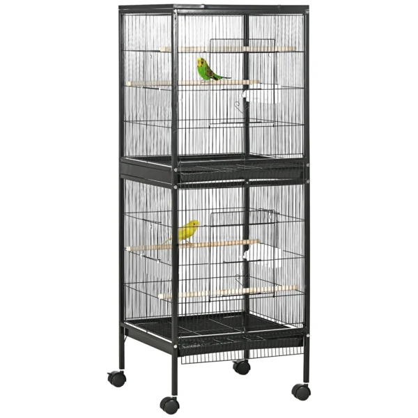 Indoor Bird Aviary Cage with Wheels and Removable Trays, 51.5x50x140 cm, Black