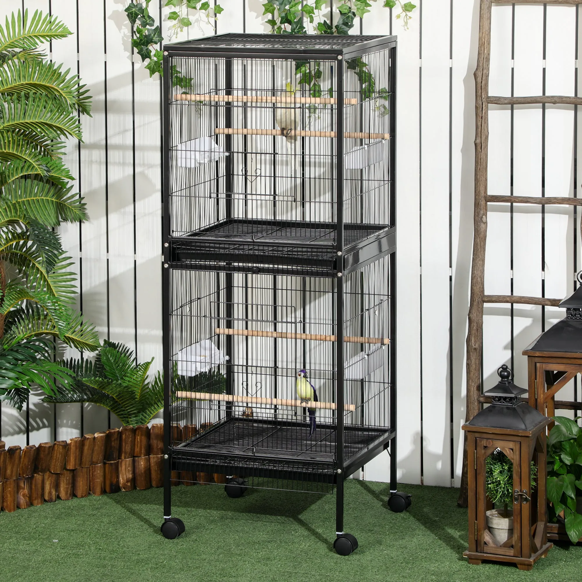 Indoor Bird Aviary Cage with Wheels and Removable Trays, 51.5x50x140 cm, Black - Image 2
