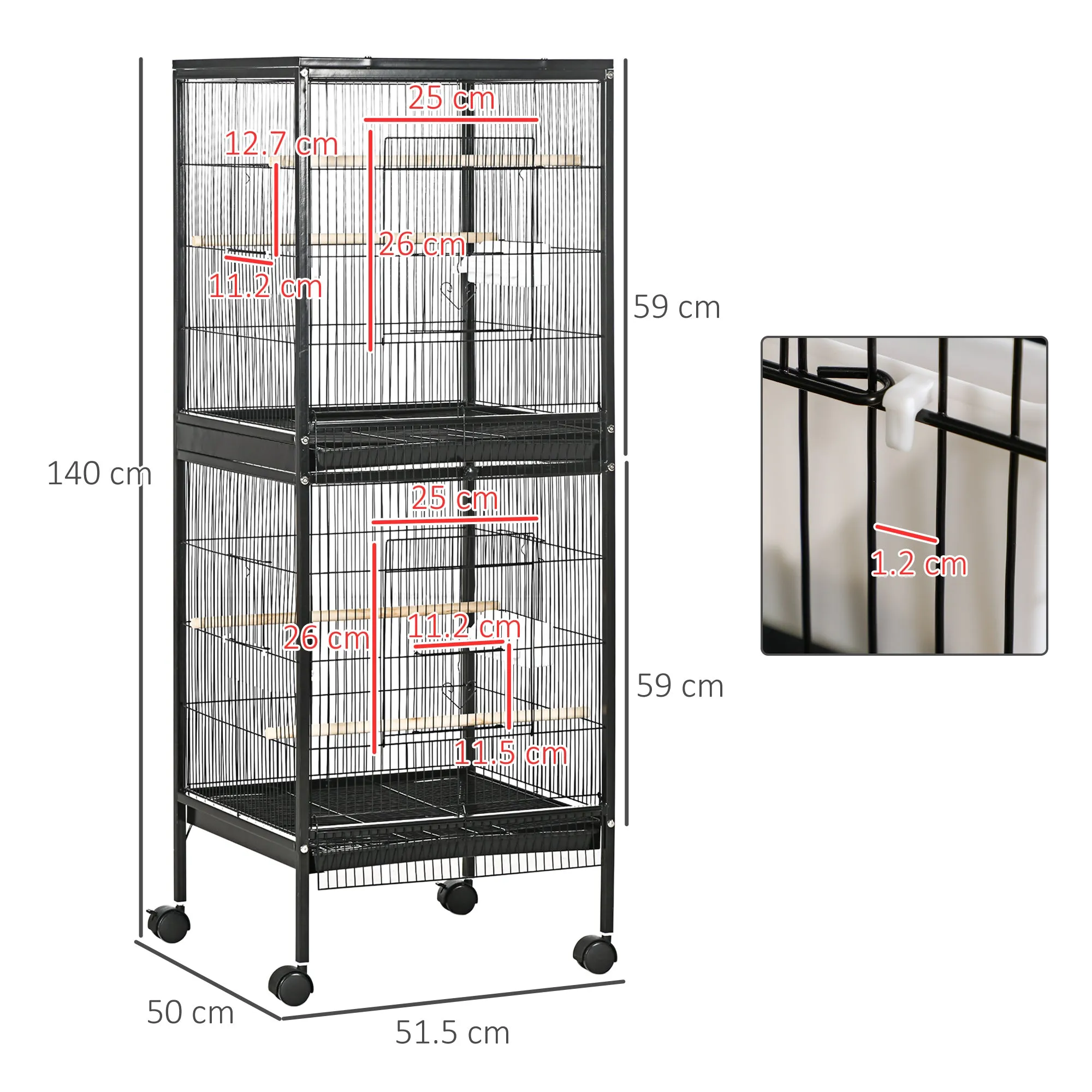 Indoor Bird Aviary Cage with Wheels and Removable Trays, 51.5x50x140 cm, Black - Image 3