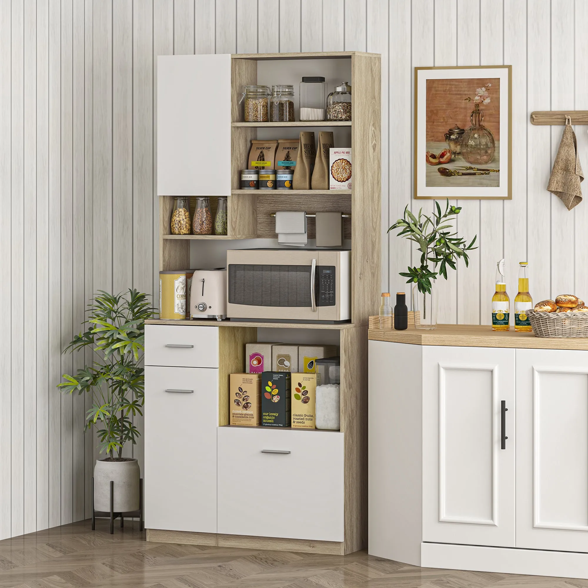 Wooden Pantry Cabinet with Drawer, 3 Cabinets and 4 Open Shelves, 80x35x180 cm, White - Image 2
