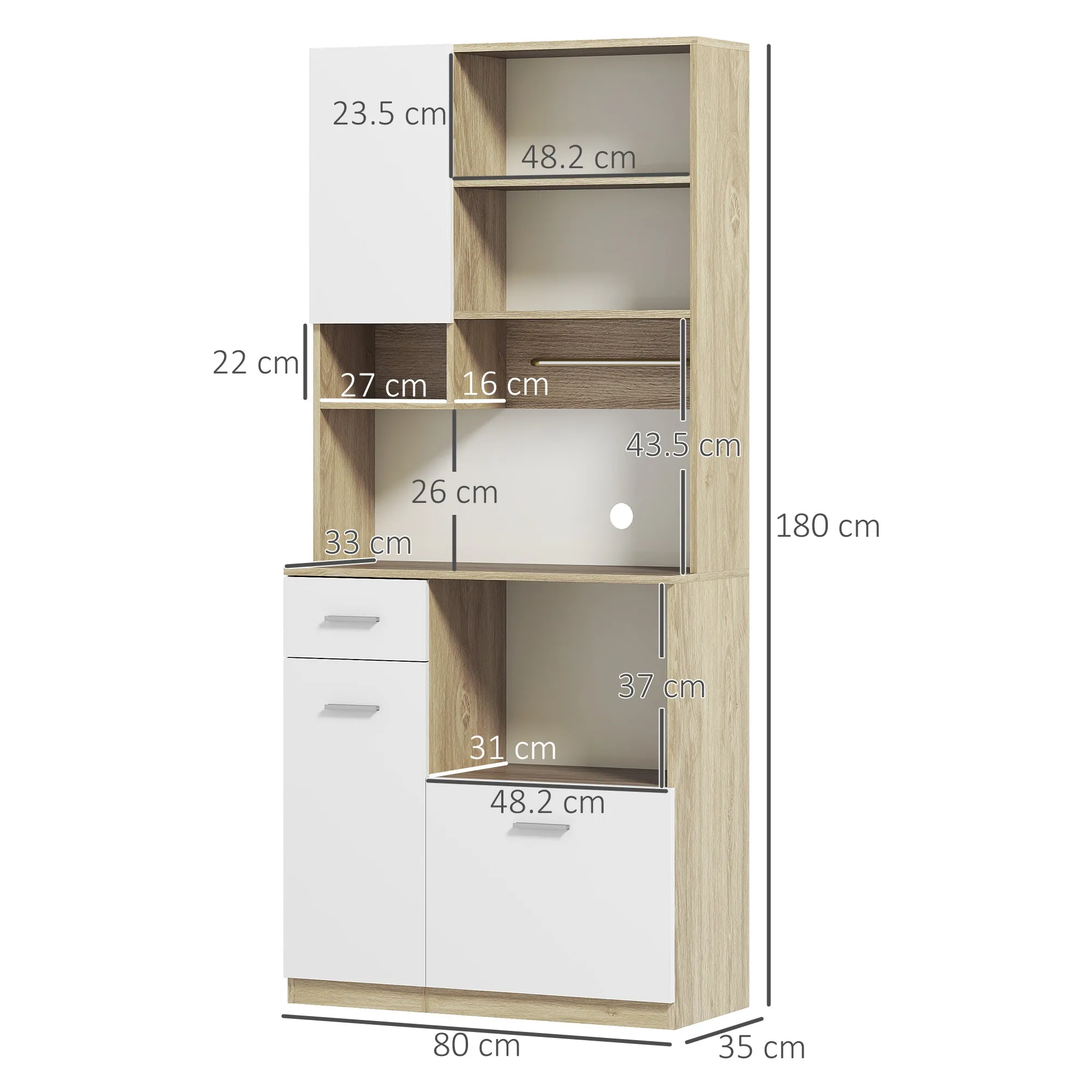 Wooden Pantry Cabinet with Drawer, 3 Cabinets and 4 Open Shelves, 80x35x180 cm, White - Image 3