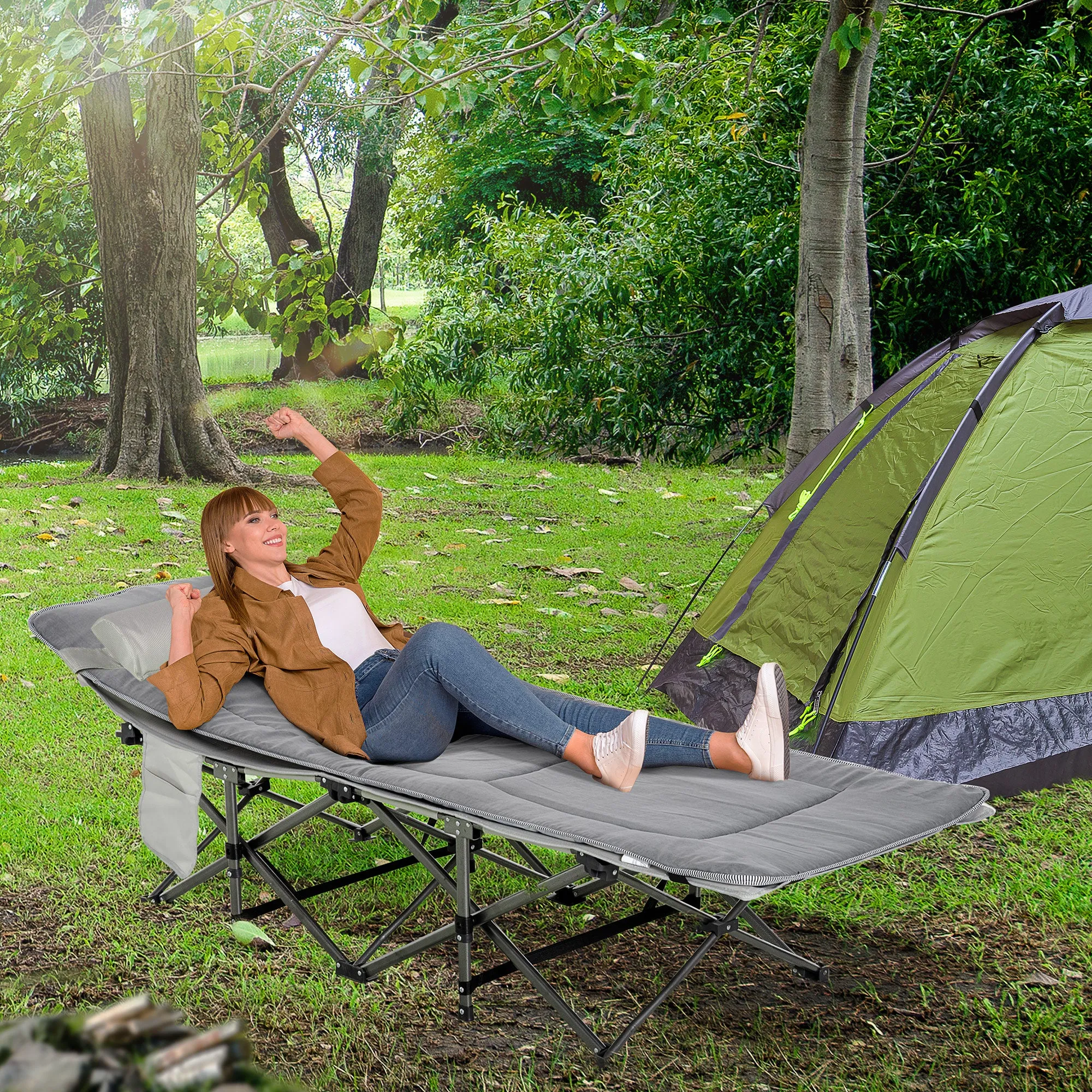 Folding and Padded Camping Cot with Storage Pocket, 188x64.5x53 cm, Light Gray - Image 2