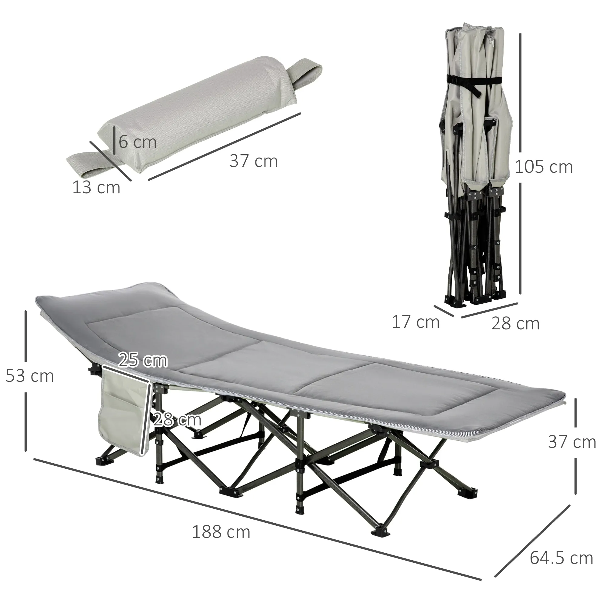 Folding and Padded Camping Cot with Storage Pocket, 188x64.5x53 cm, Light Gray - Image 3