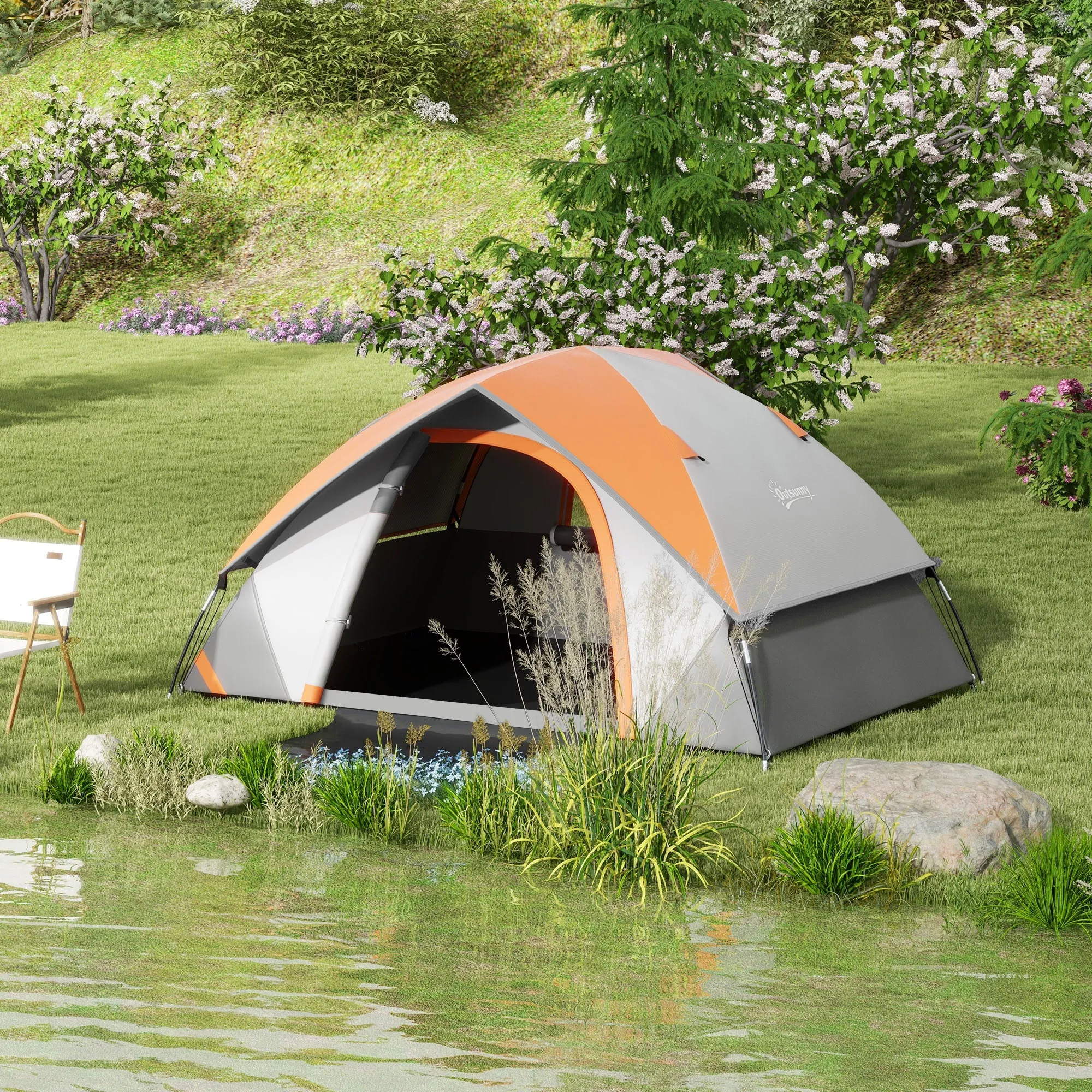 2-Person Camping Tent with Mesh Window and Hook, in Polyester, 210x150x110 cm, Gray and Orange - Image 2