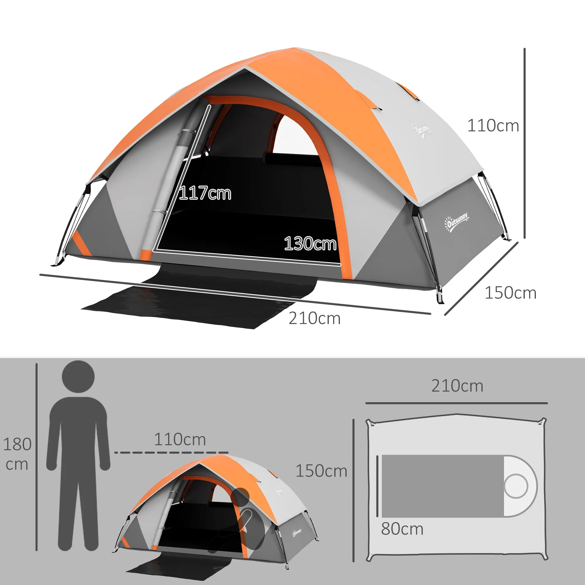 2-Person Camping Tent with Mesh Window and Hook, in Polyester, 210x150x110 cm, Gray and Orange - Image 3