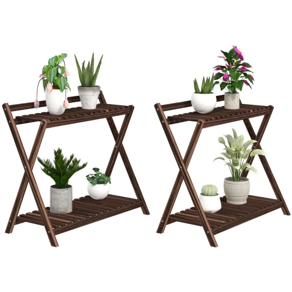 Set of 2 2-Tier Plant Holders with Slatted Design in Fir Wood, 73x36x64 cm, Burnt Brown