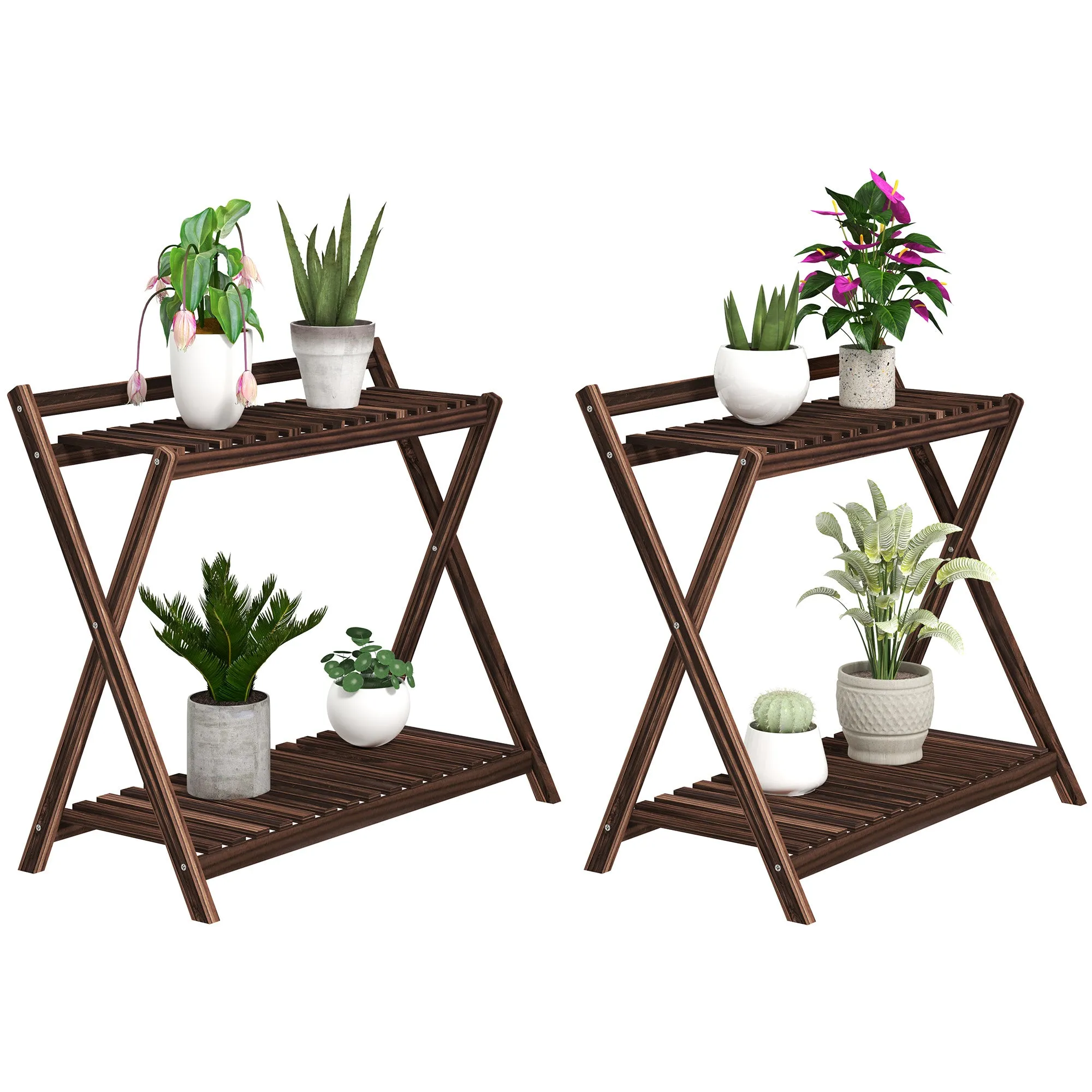 Set of 2 2-Tier Plant Holders with Slatted Design in Fir Wood, 73x36x64 cm, Burnt Brown