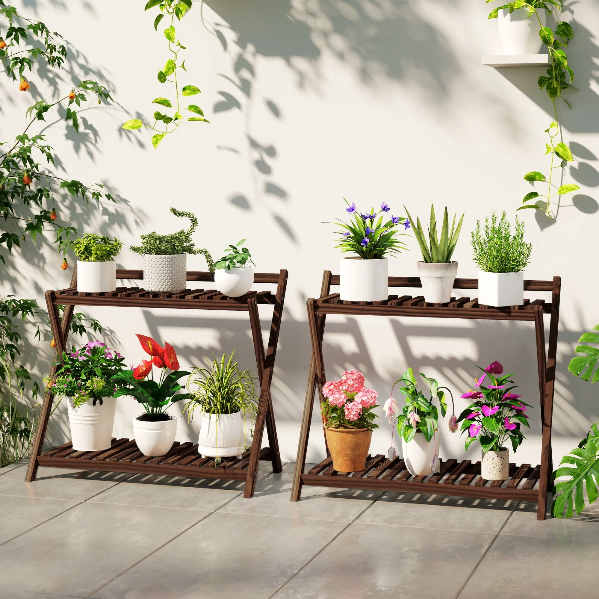 Set of 2 2-Tier Plant Holders with Slatted Design in Fir Wood, 73x36x64 cm, Burnt Brown - Image 2
