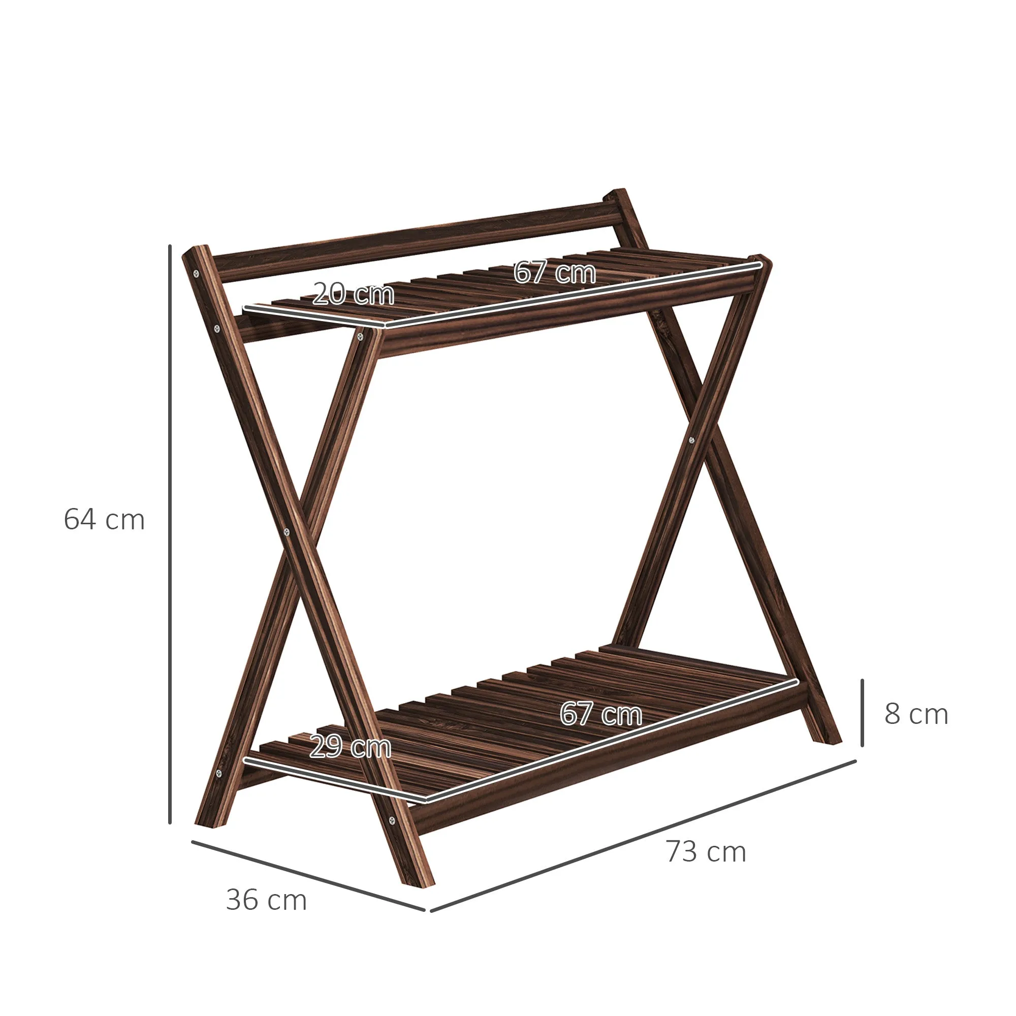 Set of 2 2-Tier Plant Holders with Slatted Design in Fir Wood, 73x36x64 cm, Burnt Brown - Image 3