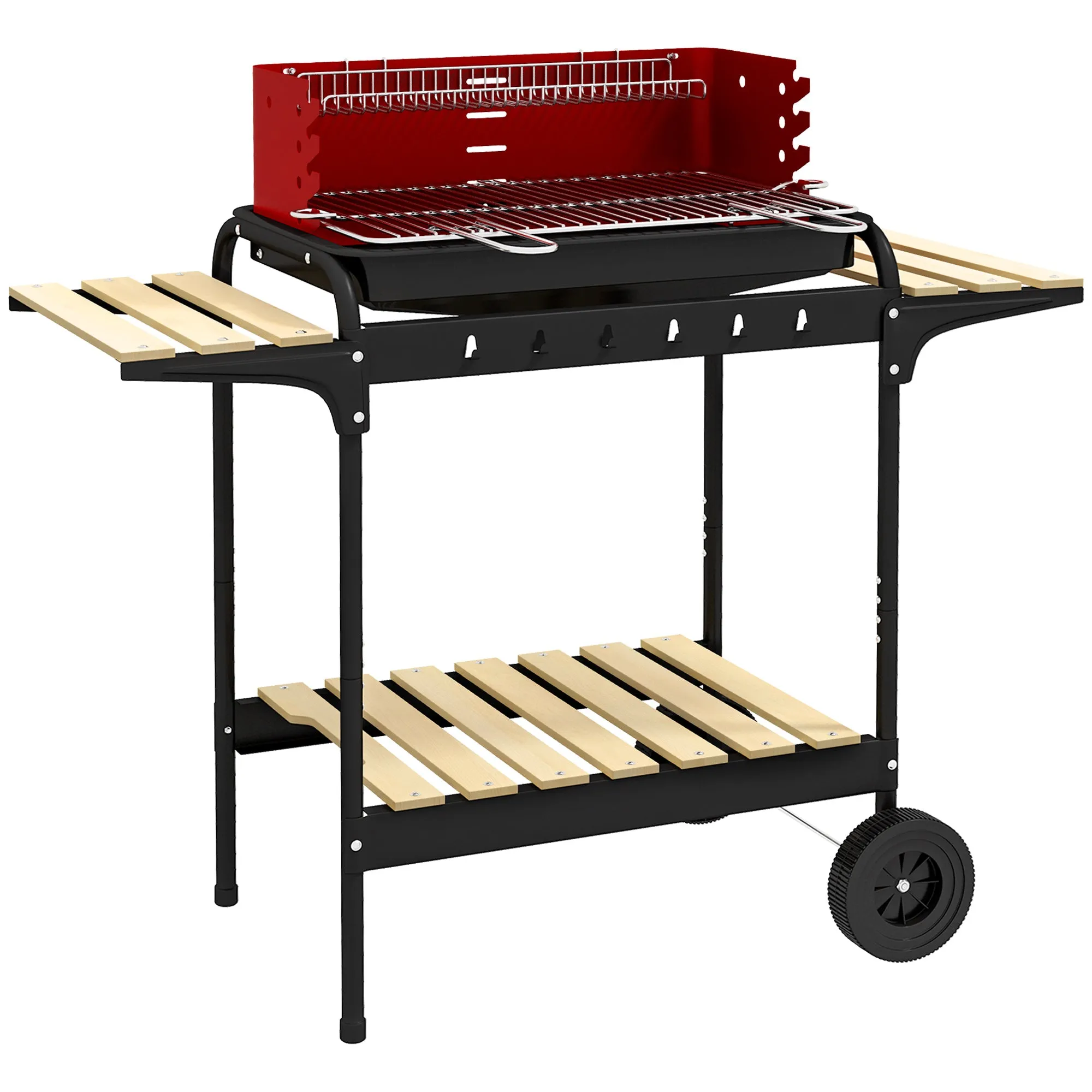 Charcoal Barbecue with Adjustable Grill and 3 Wooden Metal Shelves, 103x47x95 cm, Red