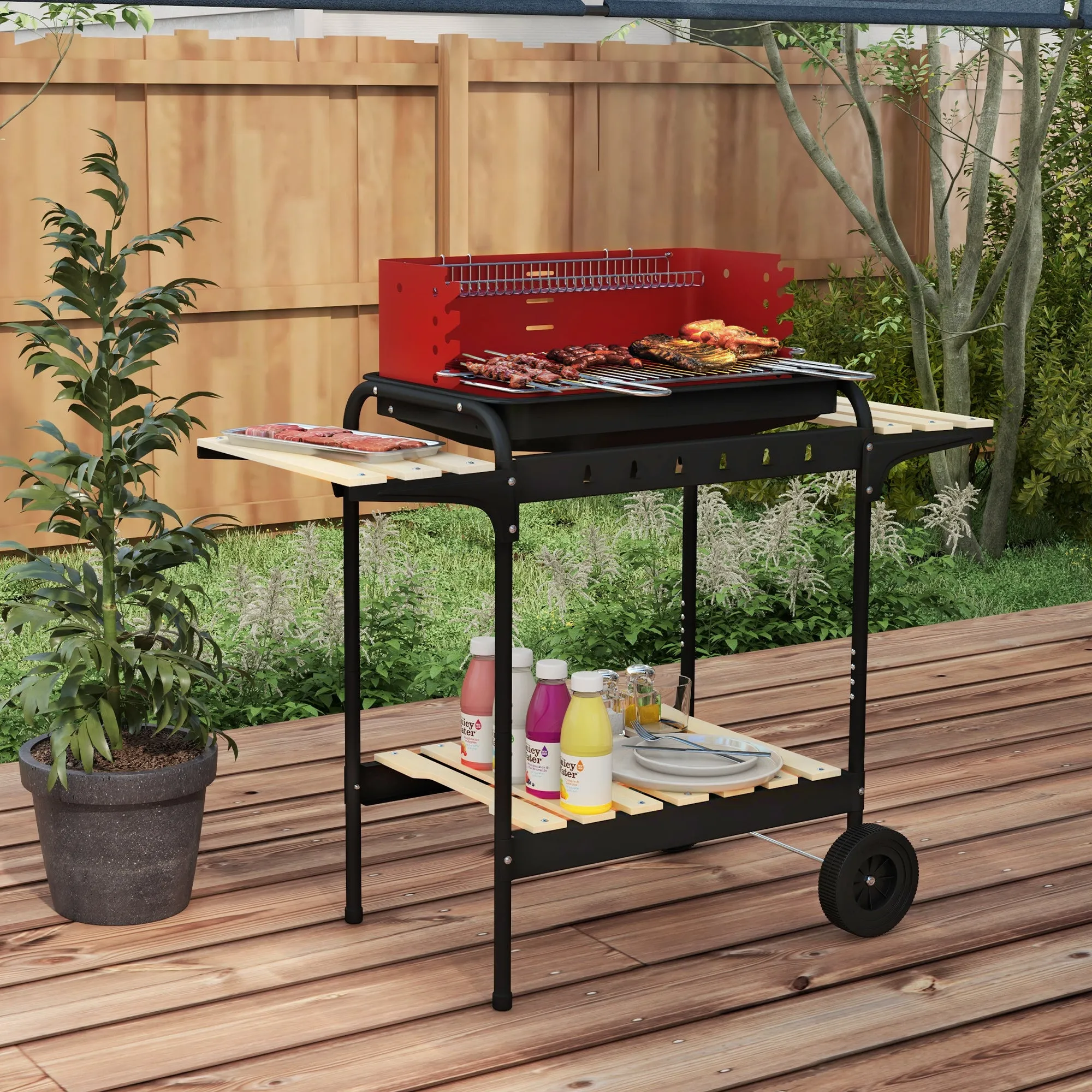 Charcoal Barbecue with Adjustable Grill and 3 Wooden Metal Shelves, 103x47x95 cm, Red - Image 2