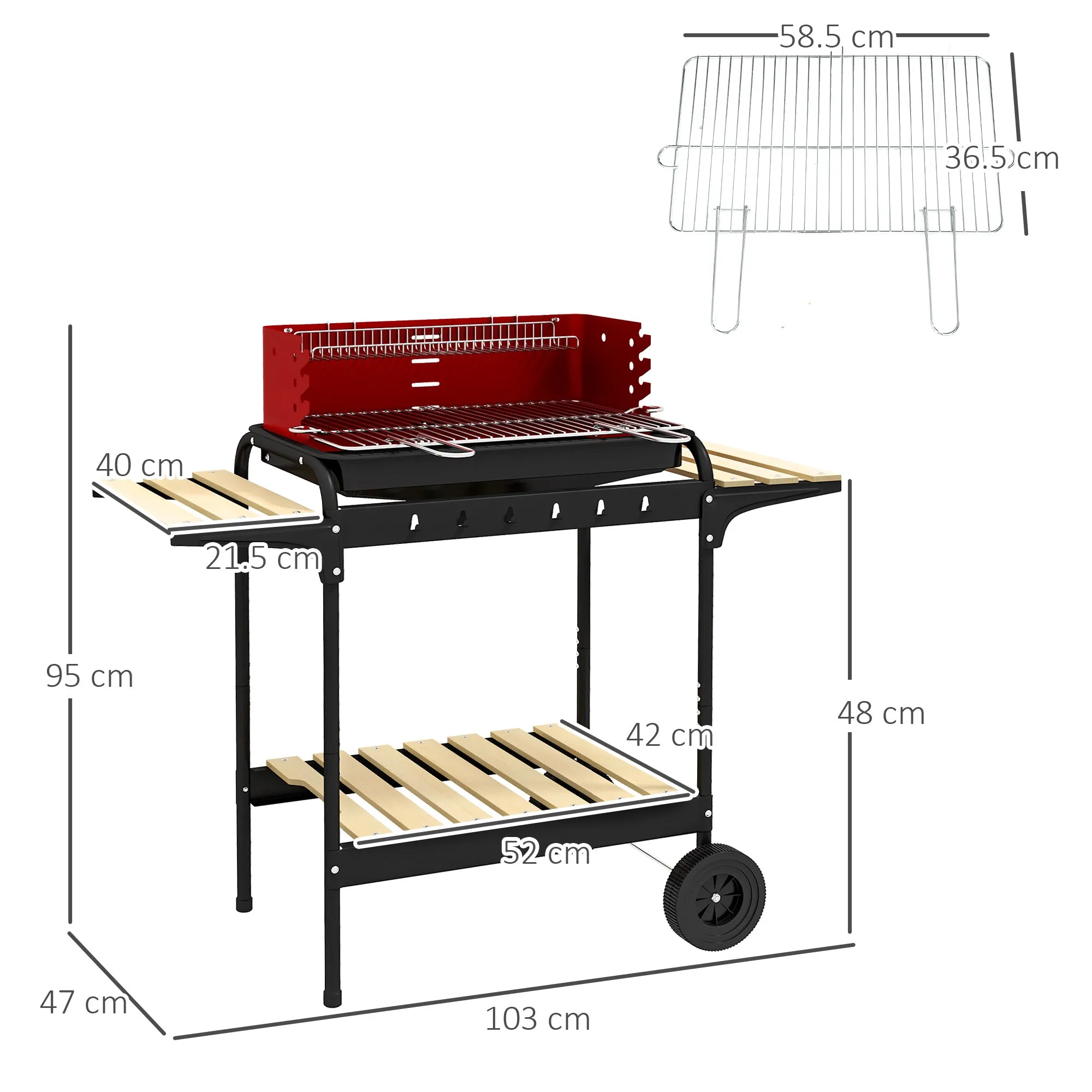 Charcoal Barbecue with Adjustable Grill and 3 Wooden Metal Shelves, 103x47x95 cm, Red - Image 3