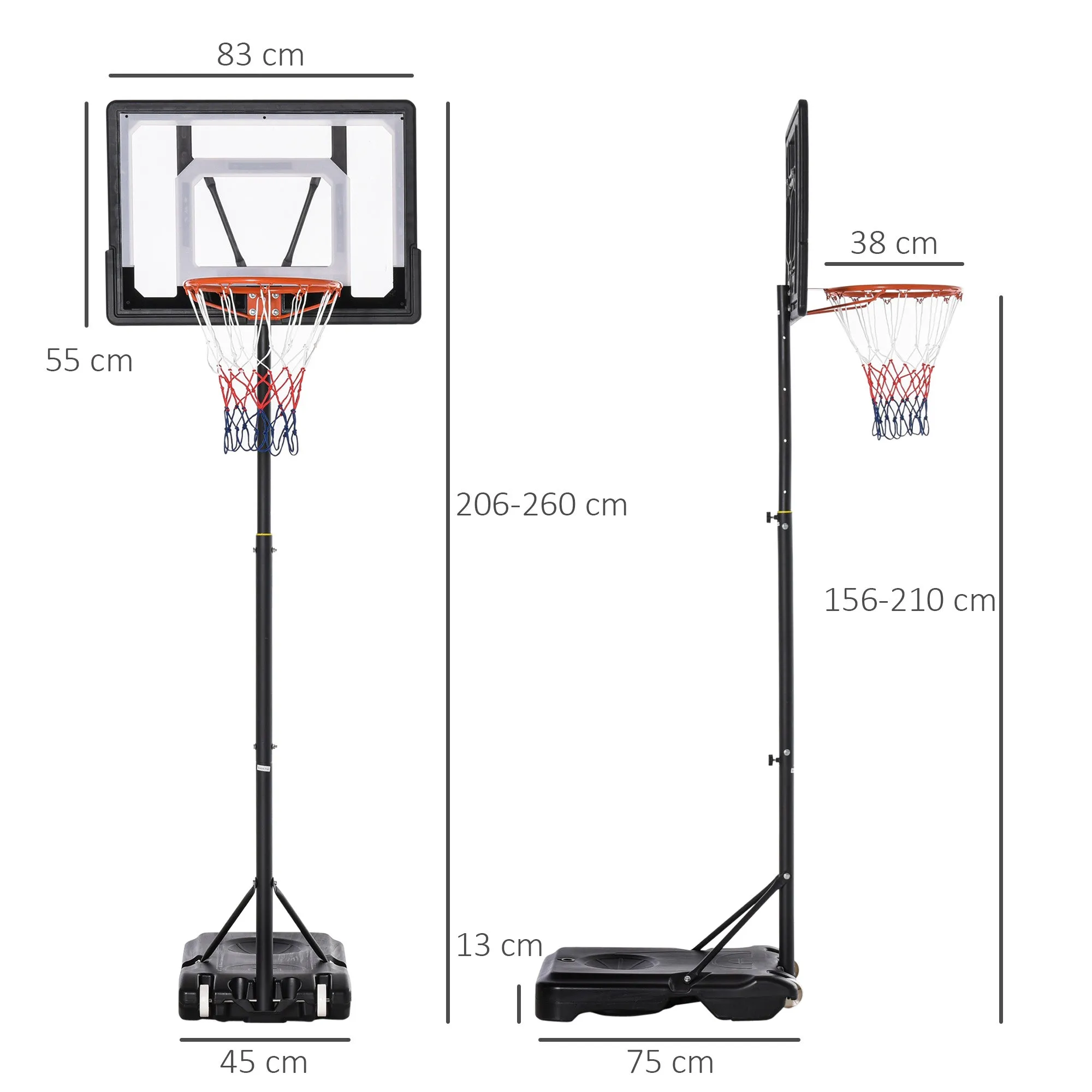 Basketball Hoop Adjustable Height 160-210cm, Steel Structure and Base with Wheels, Transparent PE Backboard - Image 3