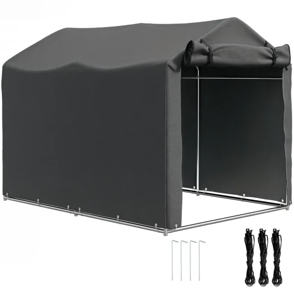 Garage Awning with Roller Entrance, Ropes and Pegs, in Galvanized Metal and PE, 220x157x165 cm, Dark Gray