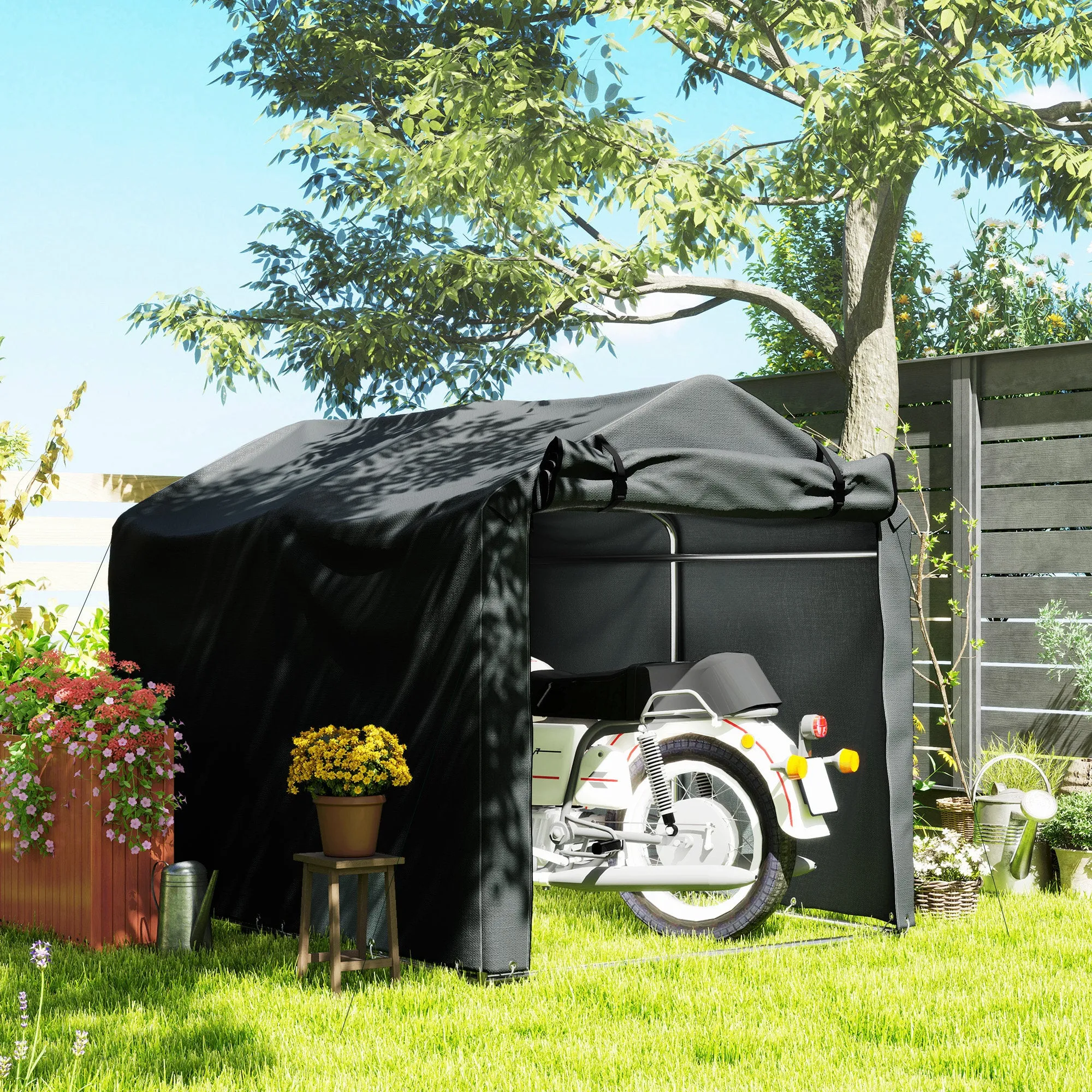 Garage Awning with Roller Entrance, Ropes and Pegs, in Galvanized Metal and PE, 220x157x165 cm, Dark Gray - Image 2