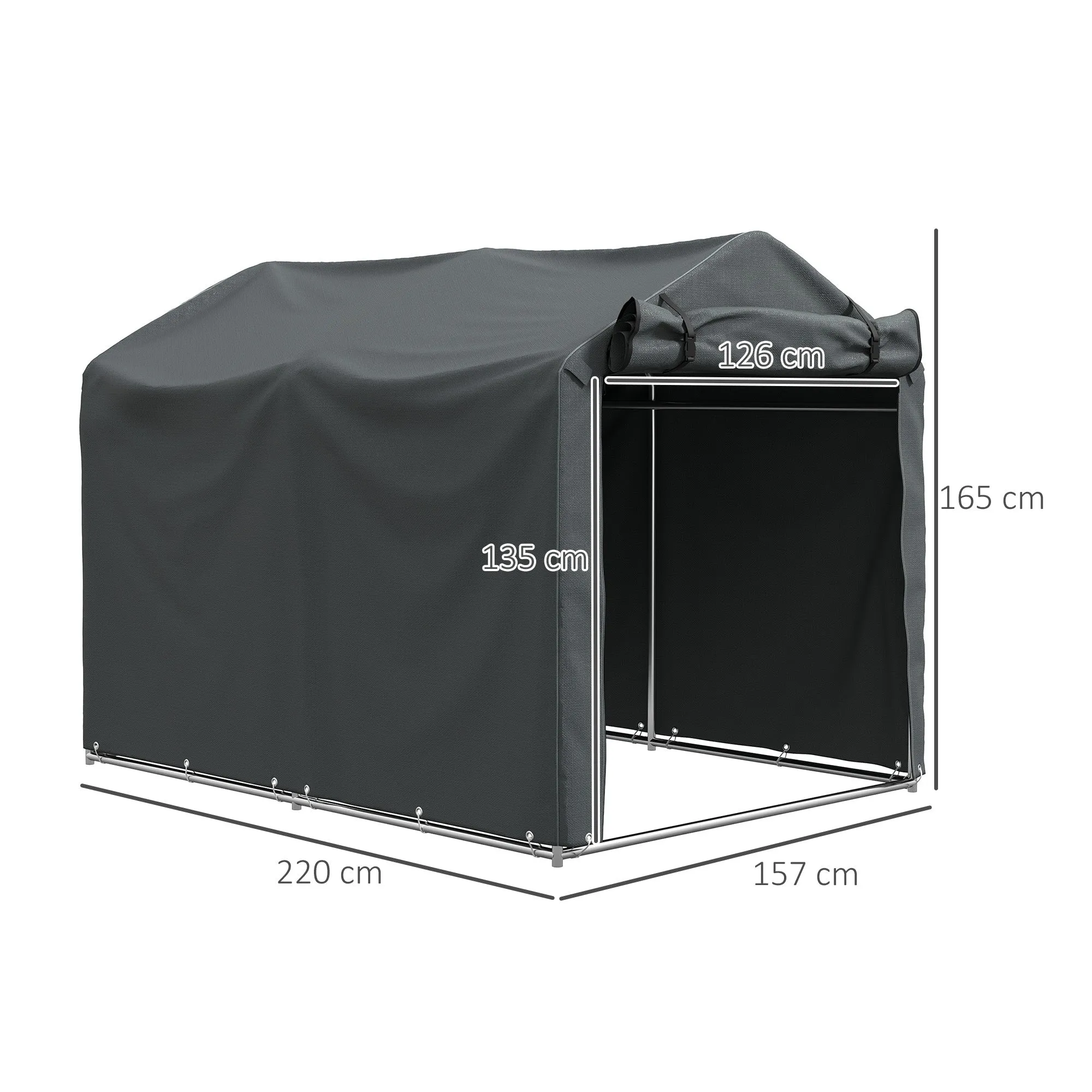Garage Awning with Roller Entrance, Ropes and Pegs, in Galvanized Metal and PE, 220x157x165 cm, Dark Gray - Image 3