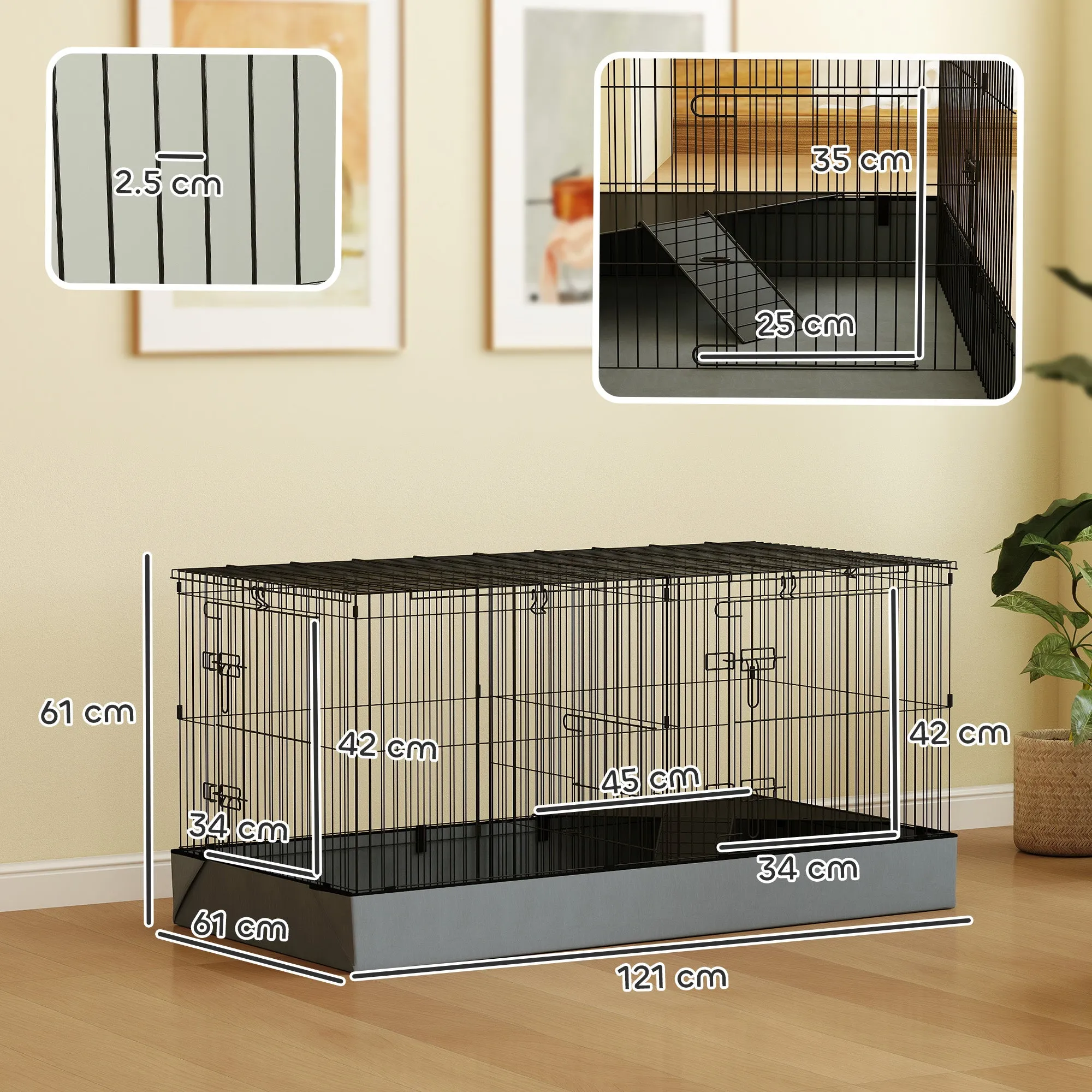 2 in 1 Small Animal Cage, Removable Lid and Separate Sections, 121x61x61 cm, Black - Image 3