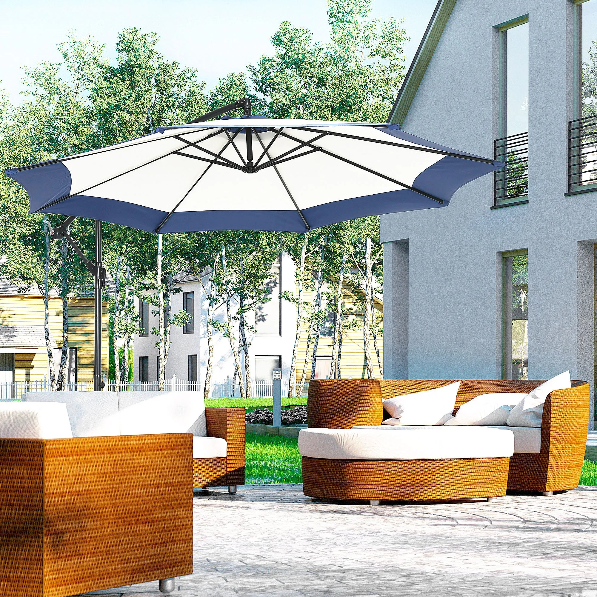 Garden Umbrella with Arm 3x2 m with Crank, Metal and Polyester, Dark Blue and Cream - Image 2