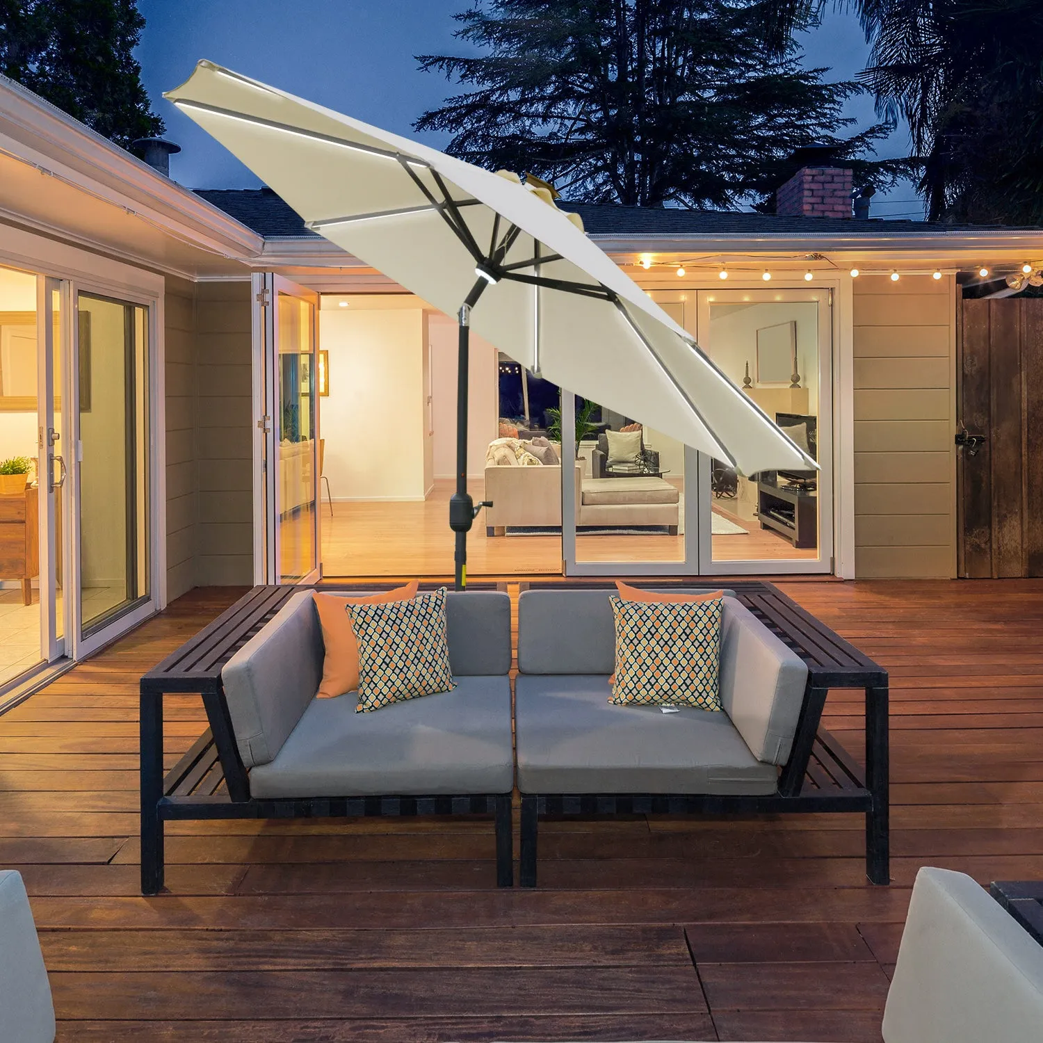 Garden Umbrella Φ270 x 245Acm with Crank Opening and Tilting, LED Lights and Solar Panel, Cream White - Image 2