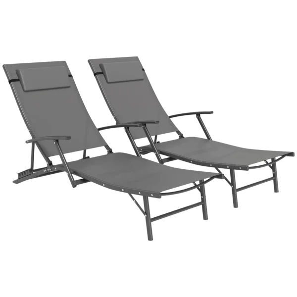 Set of 2 Folding Garden Deckchairs with 4-Level Adjustable Backrest and Cushion, Gray
