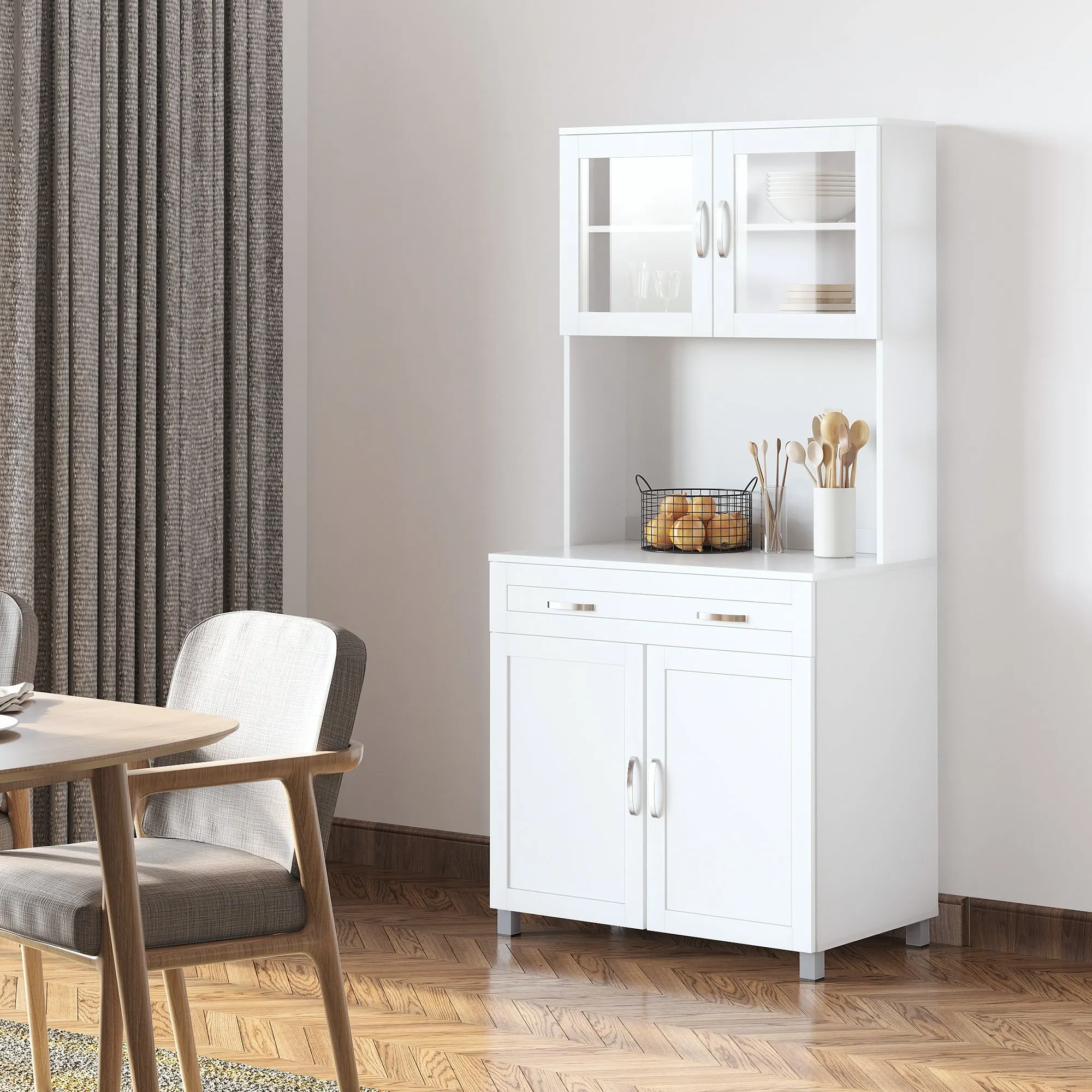Modern Kitchen Cabinet with 2 Cabinets, Glass Doors and Adjustable Shelves, 80x48x170 cm, White - Image 2