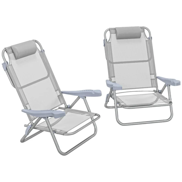 Set of 2 Folding and Reclining Camping Chairs on 6 Levels, in Aluminum and Foam, 62x65x80 cm, Light Gray