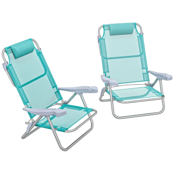 Set of 2 Folding and Reclining Camping Chairs on 6 Levels, in Aluminum and Foam, 62x65x80 cm, Gray to Light Blue