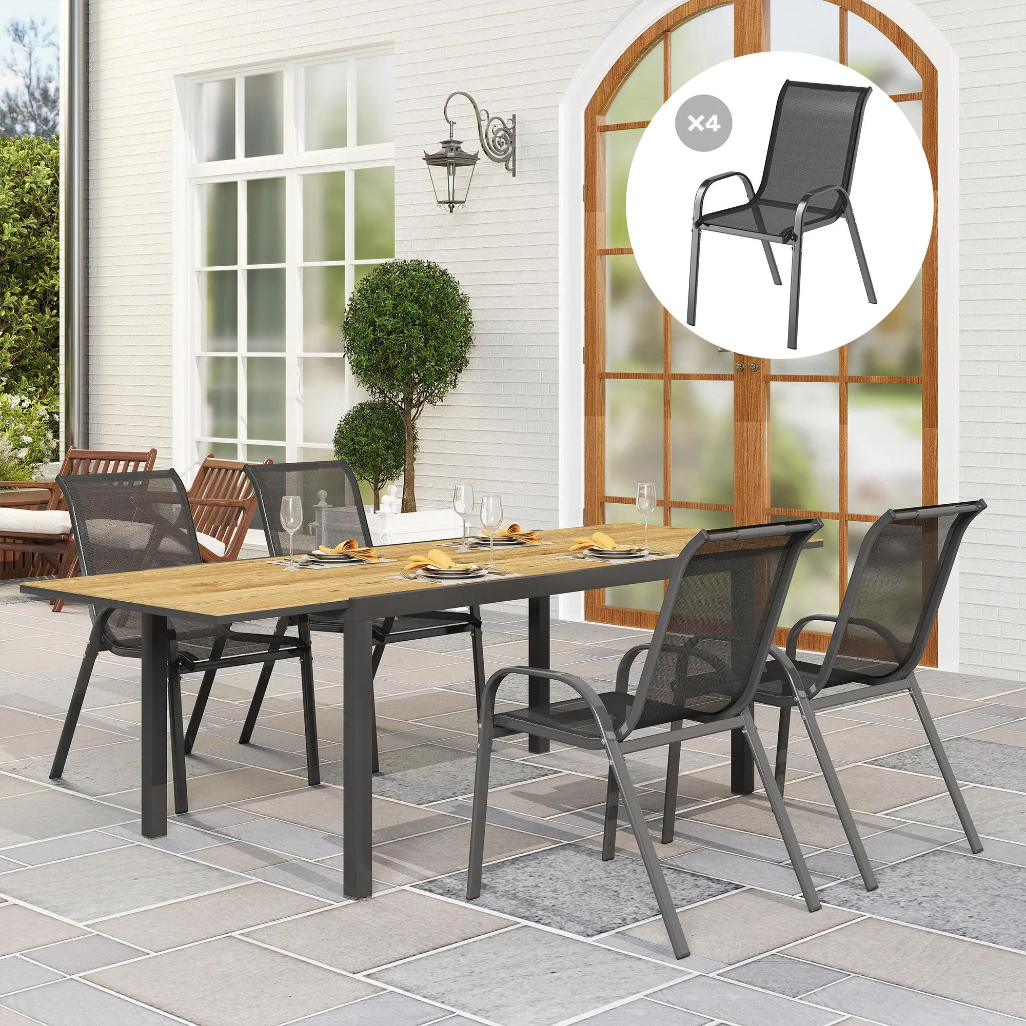 Set of 4 Stackable Garden Chairs in Steel and Breathable Mesh Fabric, 54x71x93 cm, Black - Image 2