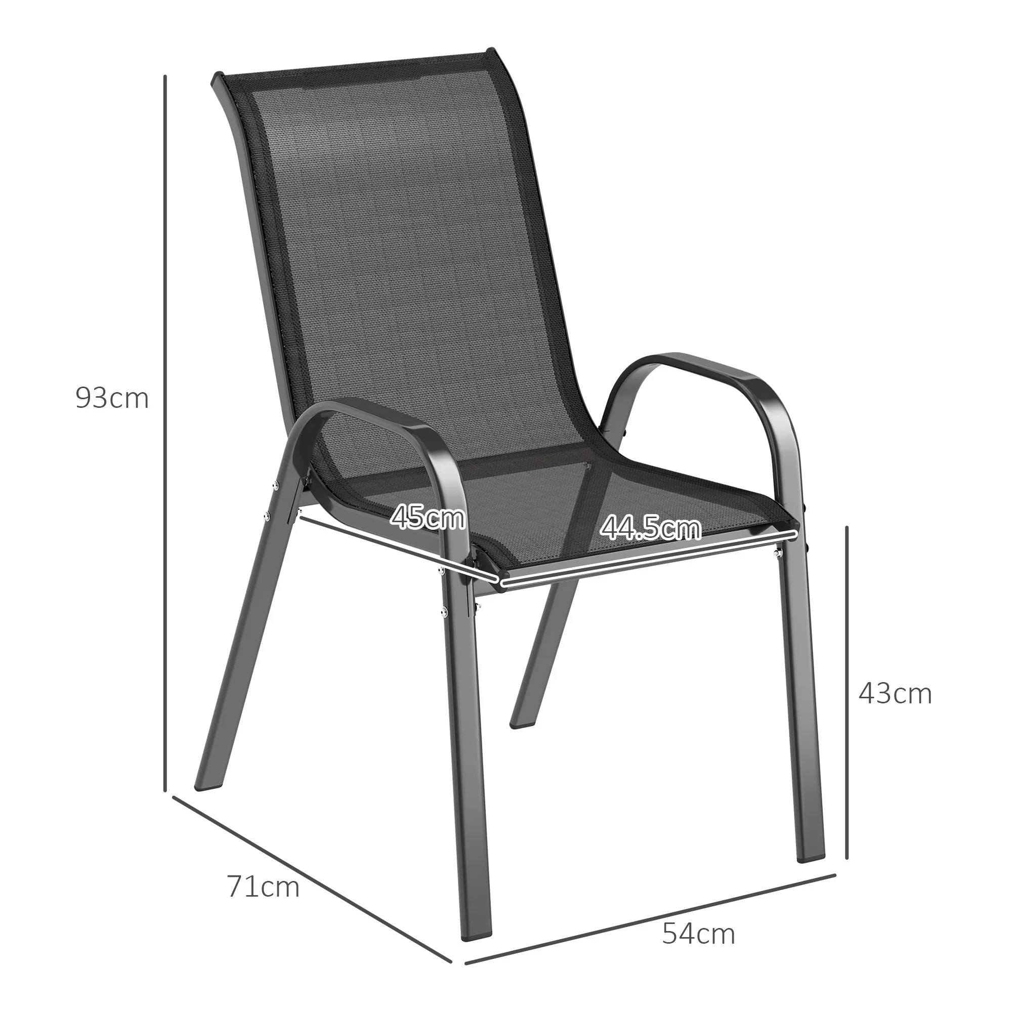 Set of 4 Stackable Garden Chairs in Steel and Breathable Mesh Fabric, 54x71x93 cm, Black - Image 3
