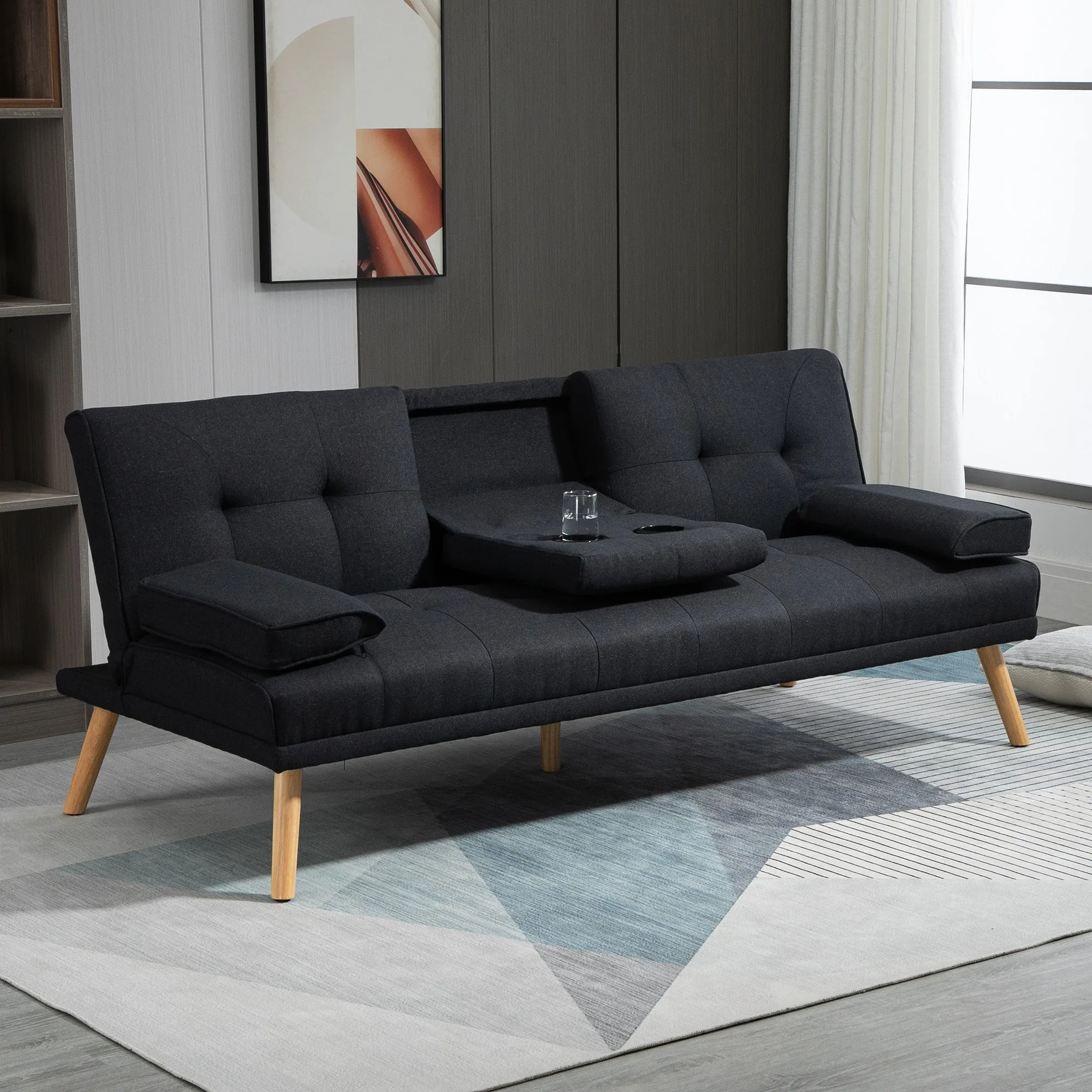 3-Seater Reclining Sofa Bed with Linen Effect Covering and Drop-leaf Table, Gray - Image 2