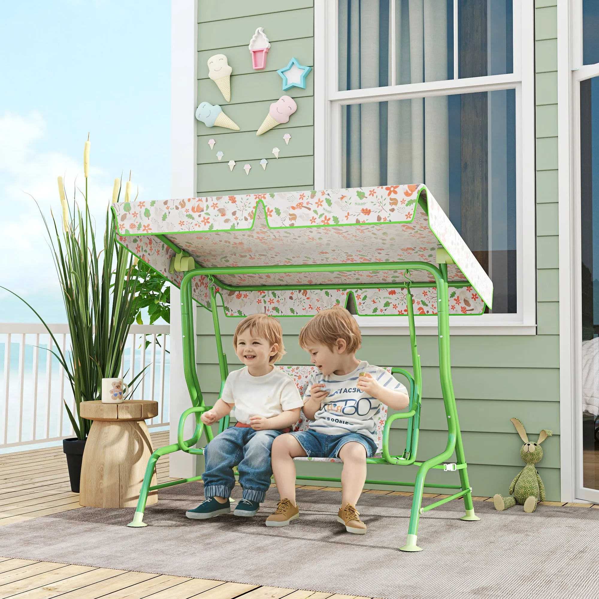 2-Seater Outdoor Children's Swing with Adjustable Canopy and Safety Belts, 112x75x120 cm, Green - Image 2