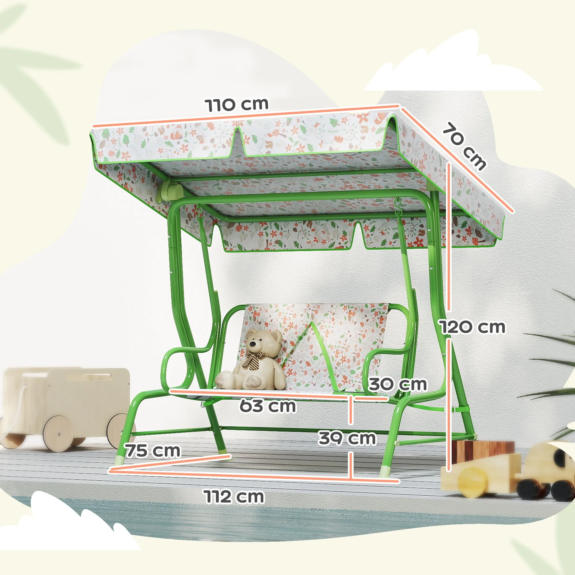 2-Seater Outdoor Children's Swing with Adjustable Canopy and Safety Belts, 112x75x120 cm, Green - Image 3