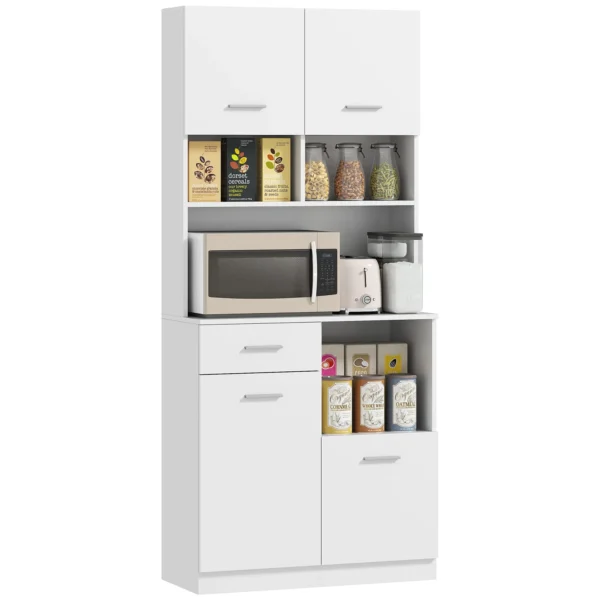 Wooden Pantry Cabinet with Drawer, 4 Cabinets and 3 Open Shelves, 80x35x180 cm, White