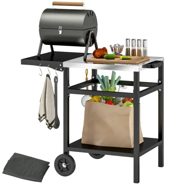 Barbecue Trolley with Steel Top and Foldable Shelf, Wheels and Hooks, 91x58x76 cm, Black