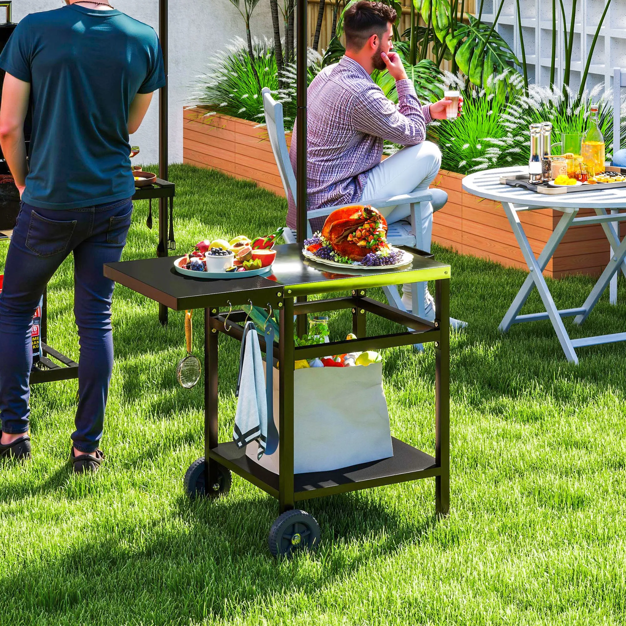 Barbecue Trolley with Steel Top and Foldable Shelf, Wheels and Hooks, 91x58x76 cm, Black - Image 2