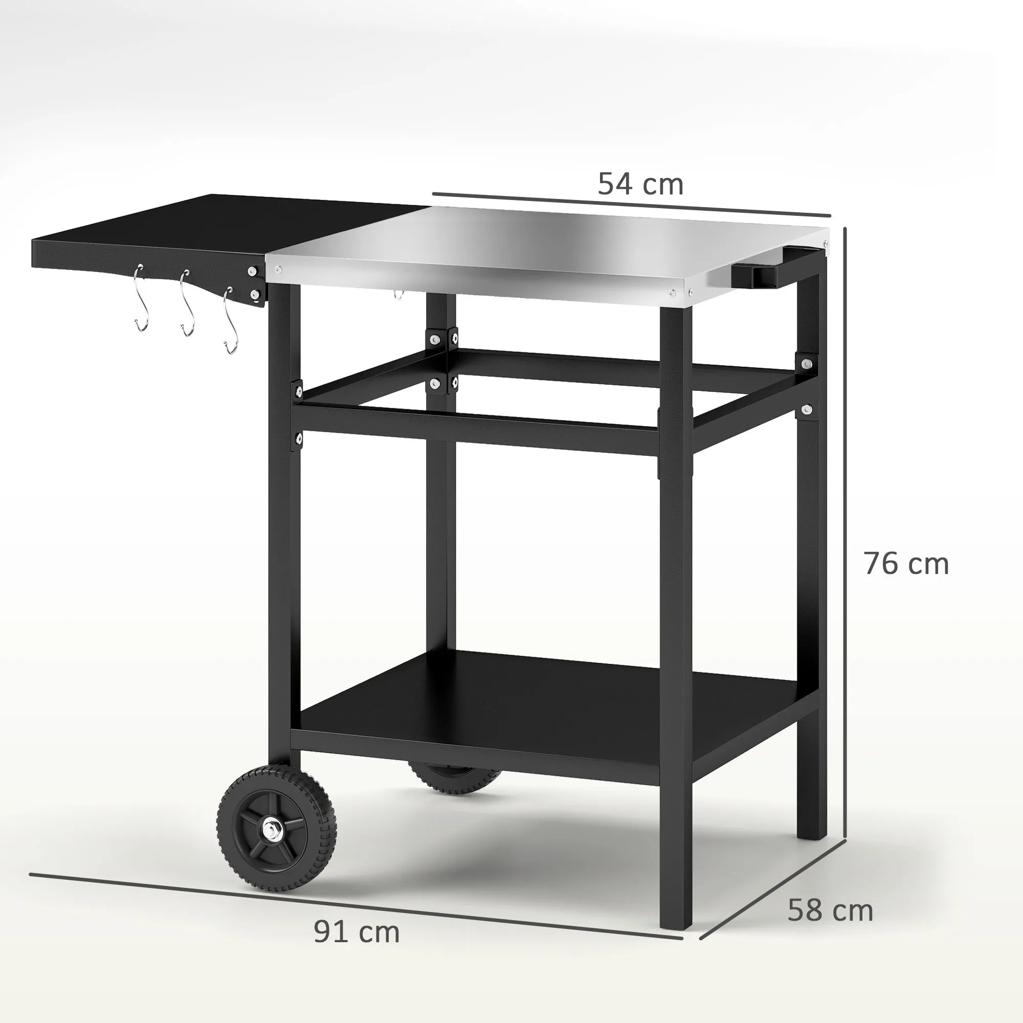 Barbecue Trolley with Steel Top and Foldable Shelf, Wheels and Hooks, 91x58x76 cm, Black - Image 3
