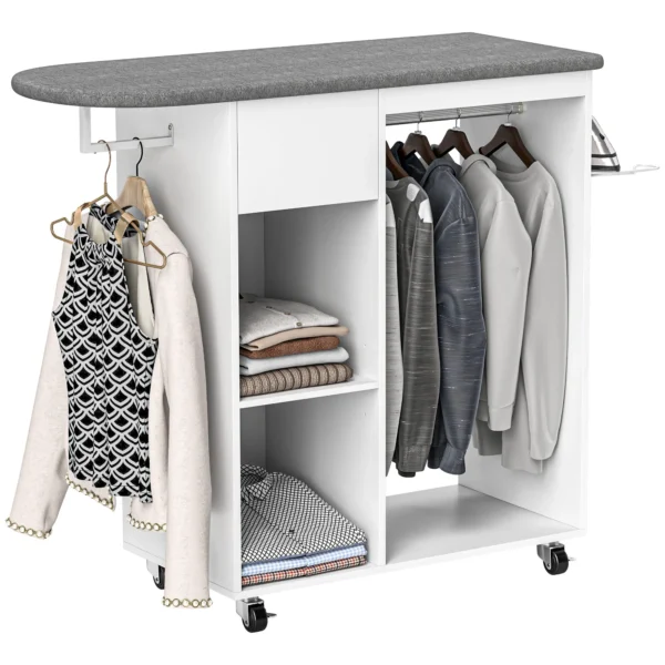 Mobile Ironing Board with Wheels and Iron Holder, Clothes Bar, Drawer and Shelves, 125x43.5x112cm, White