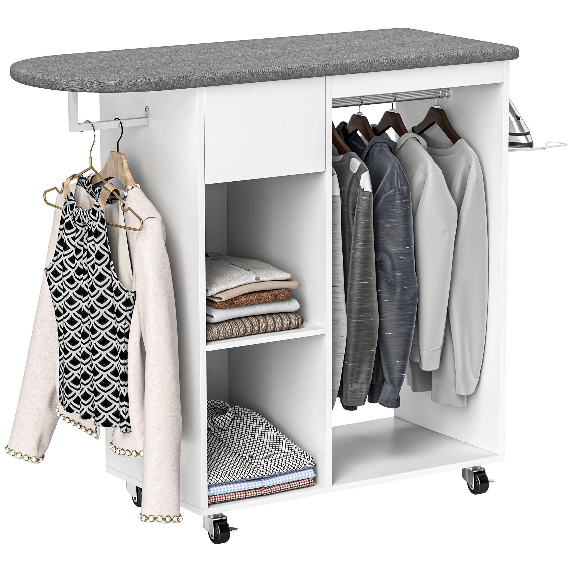 Mobile Ironing Board with Wheels and Iron Holder, Clothes Bar, Drawer and Shelves, 125x43.5x112cm, White
