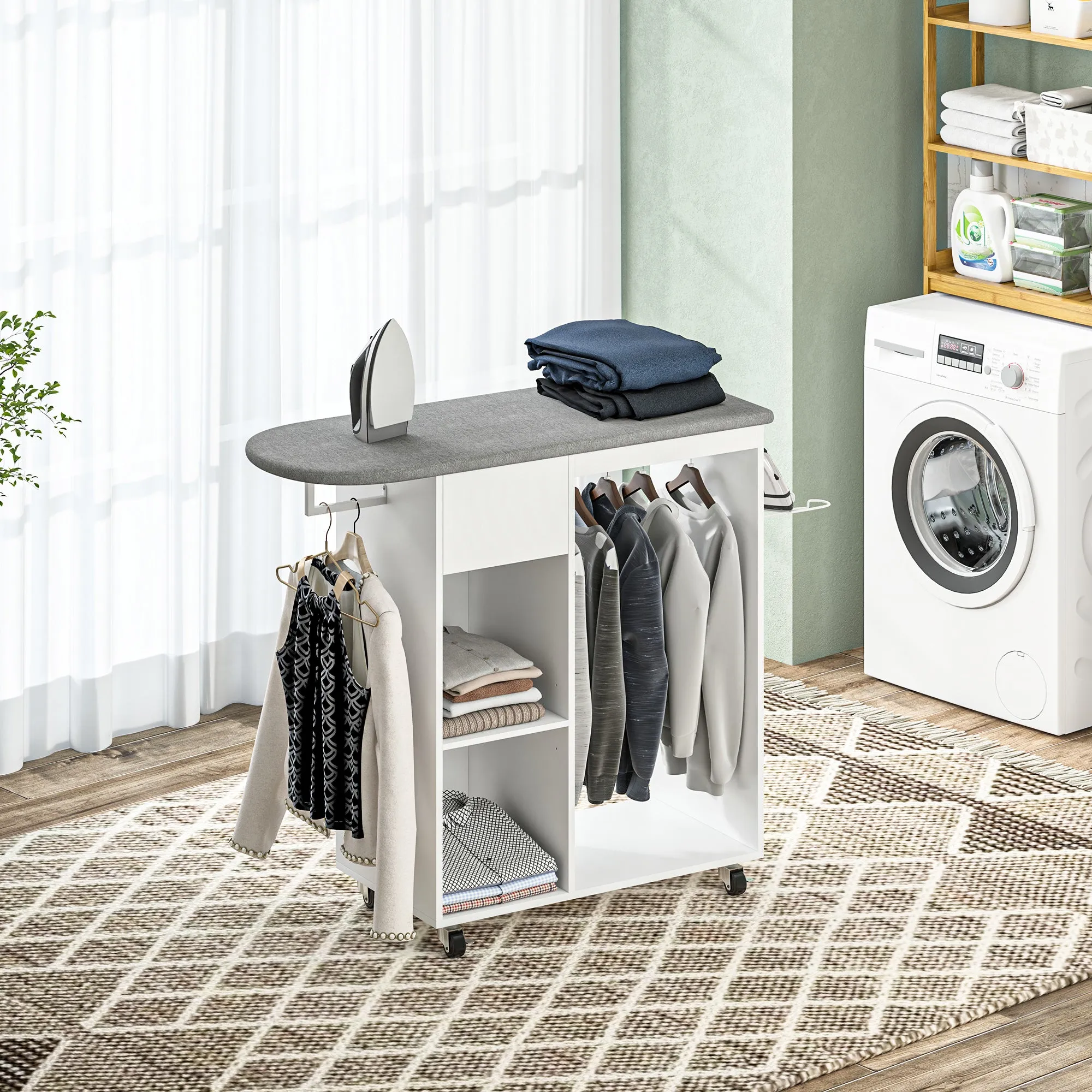 Mobile Ironing Board with Wheels and Iron Holder, Clothes Bar, Drawer and Shelves, 125x43.5x112cm, White - Image 2