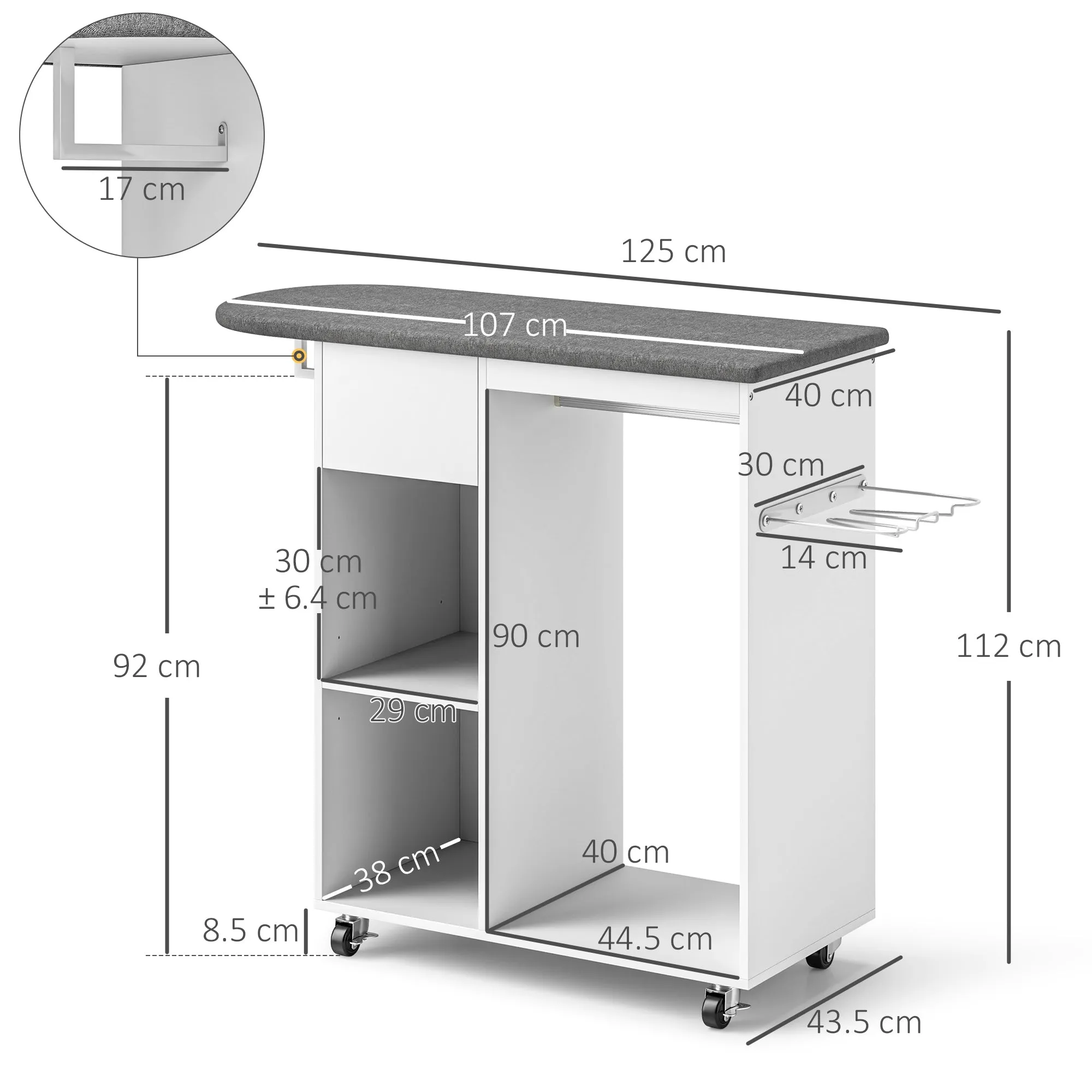Mobile Ironing Board with Wheels and Iron Holder, Clothes Bar, Drawer and Shelves, 125x43.5x112cm, White - Image 3