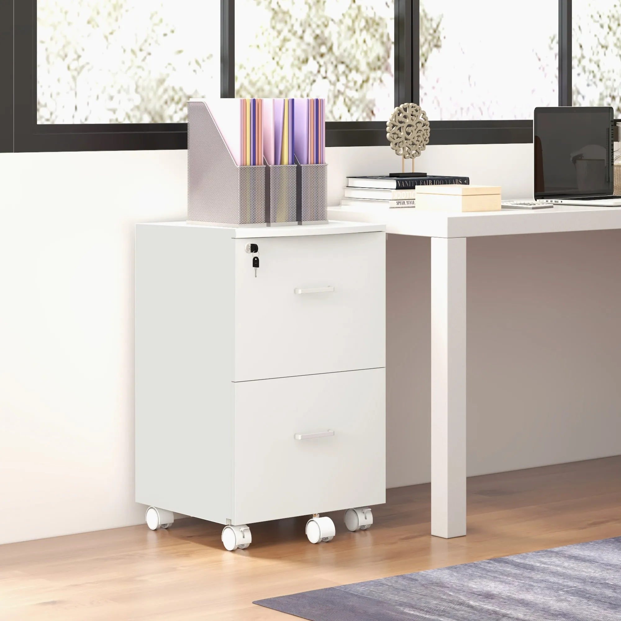 Office Cabinet with 2 Drawers and 5 Wheels, MDF and Chipboard File Cabinet, 43x45x72 cm, White - Image 2