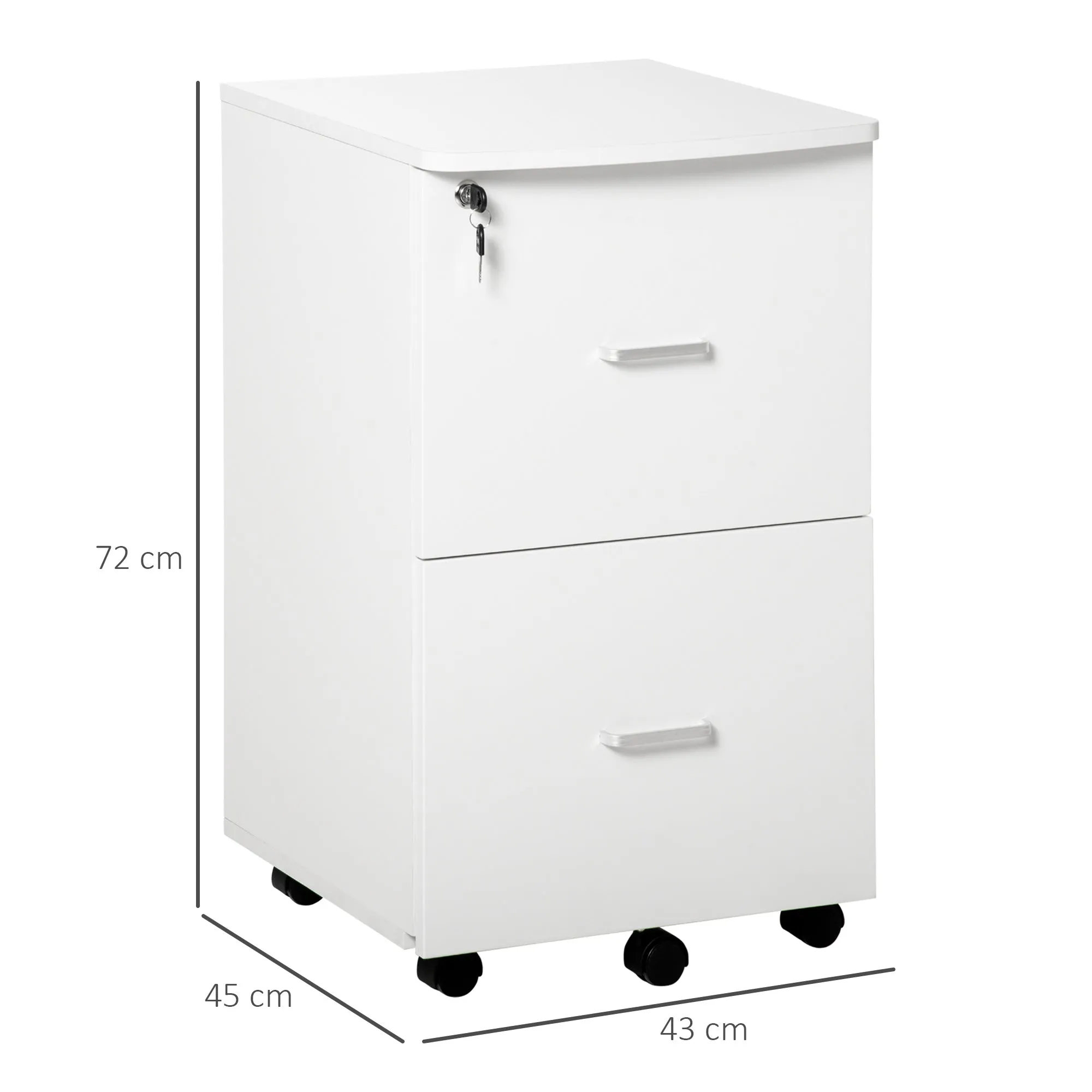 Office Cabinet with 2 Drawers and 5 Wheels, MDF and Chipboard File Cabinet, 43x45x72 cm, White - Image 3