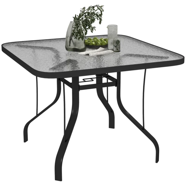 4-seater square garden table with glass top and hole for umbrella Ø54 mm, black